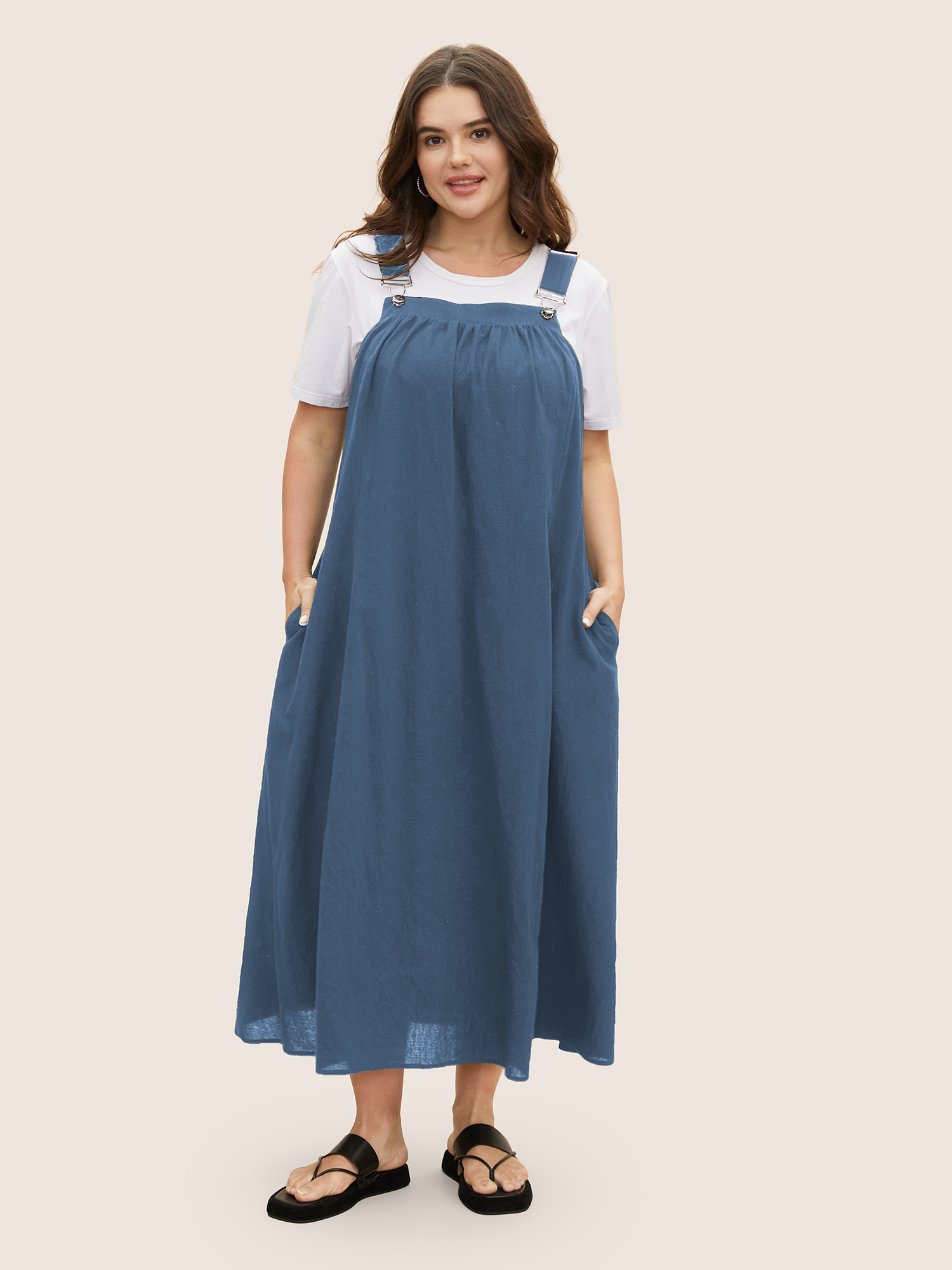 

Plus Size Cotton Solid Adjustable Straps Pocket Midi Dress DarkBlue Women Casual Gathered Non Sleeveless Curvy BloomChic