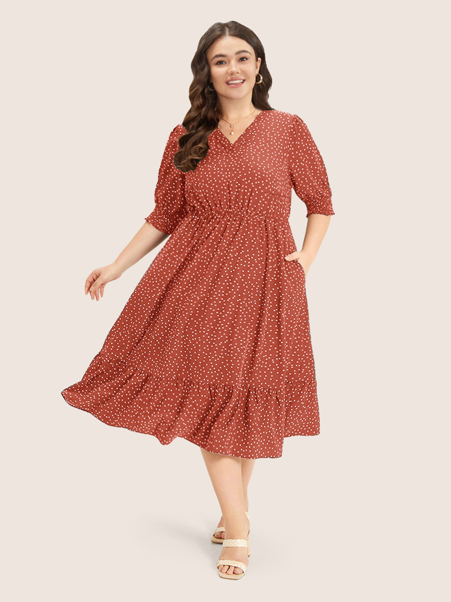 

Plus Size Polka Dot Shirred Pocket Flutter Hem Dress Coral Women Office Printed V-neck Half Sleeve Curvy Midi Dress BloomChic