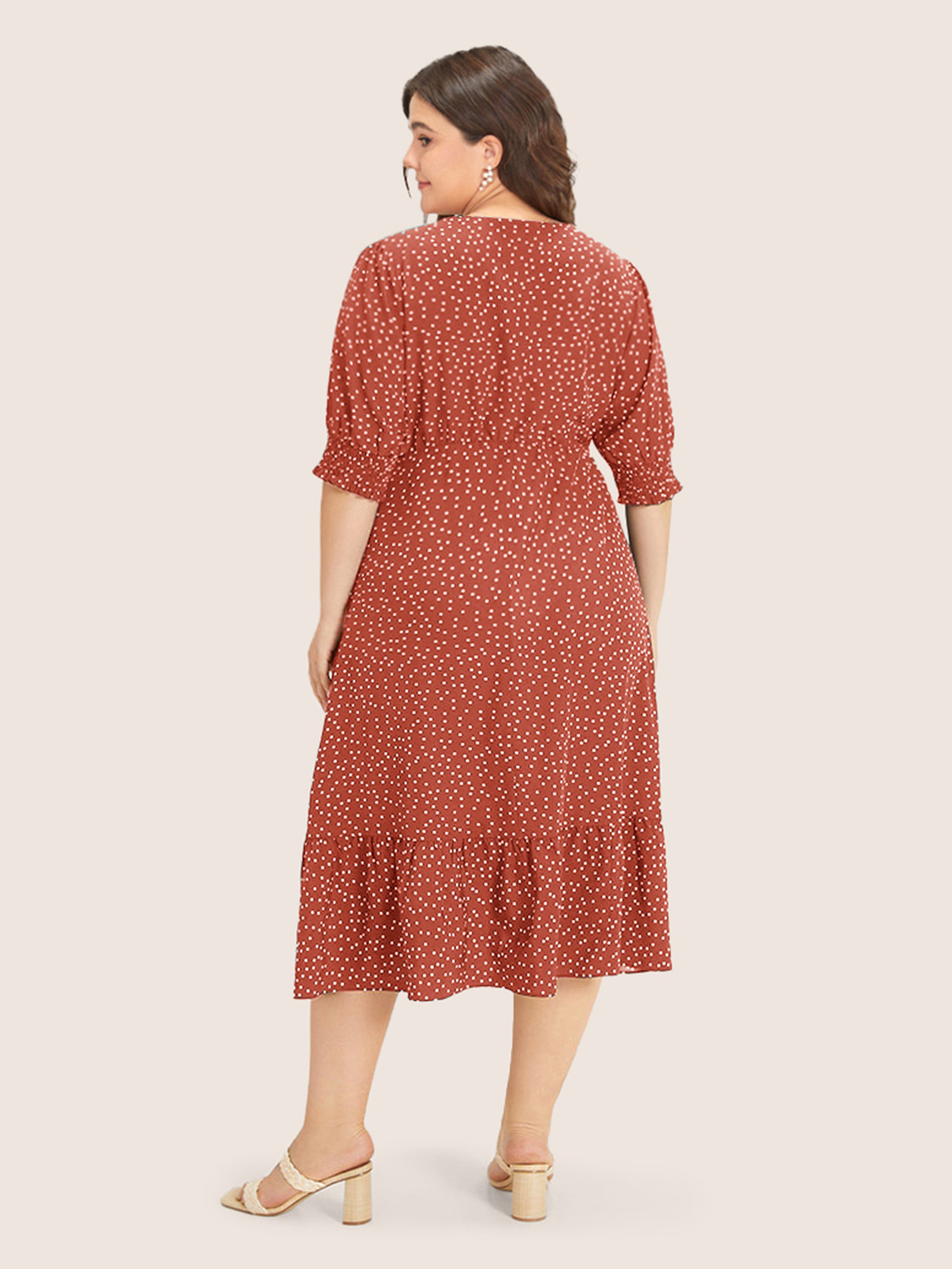 Plus Size Polka Dot Shirred Pocket Flutter Hem Dress Coral Women Office Printed V-neck Half Sleeve Curvy Midi Dress BloomChic 14-16/1X 