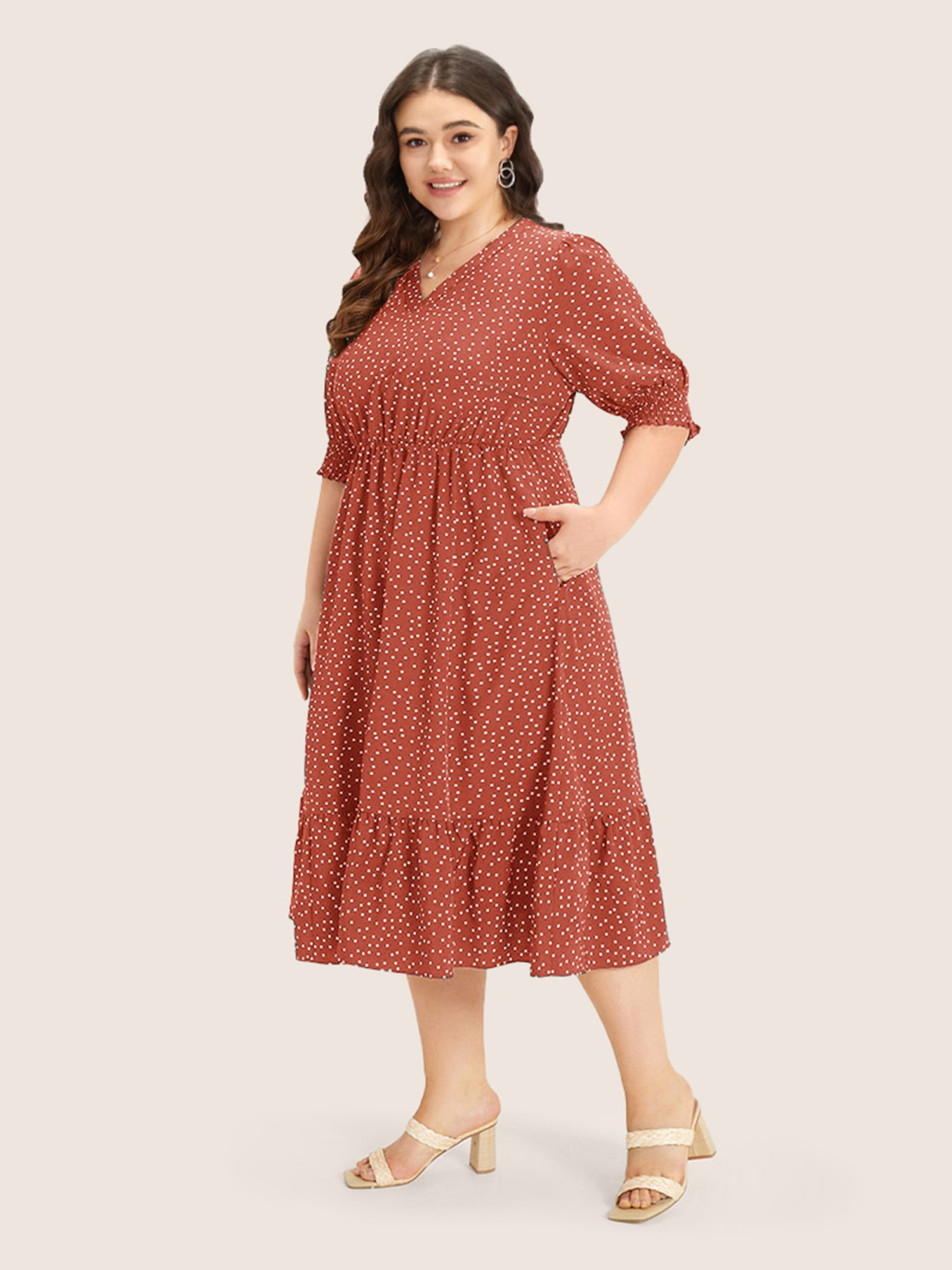 Plus Size Polka Dot Shirred Pocket Flutter Hem Dress Coral Women Office Printed V-neck Half Sleeve Curvy Midi Dress BloomChic 14-16/1X 
