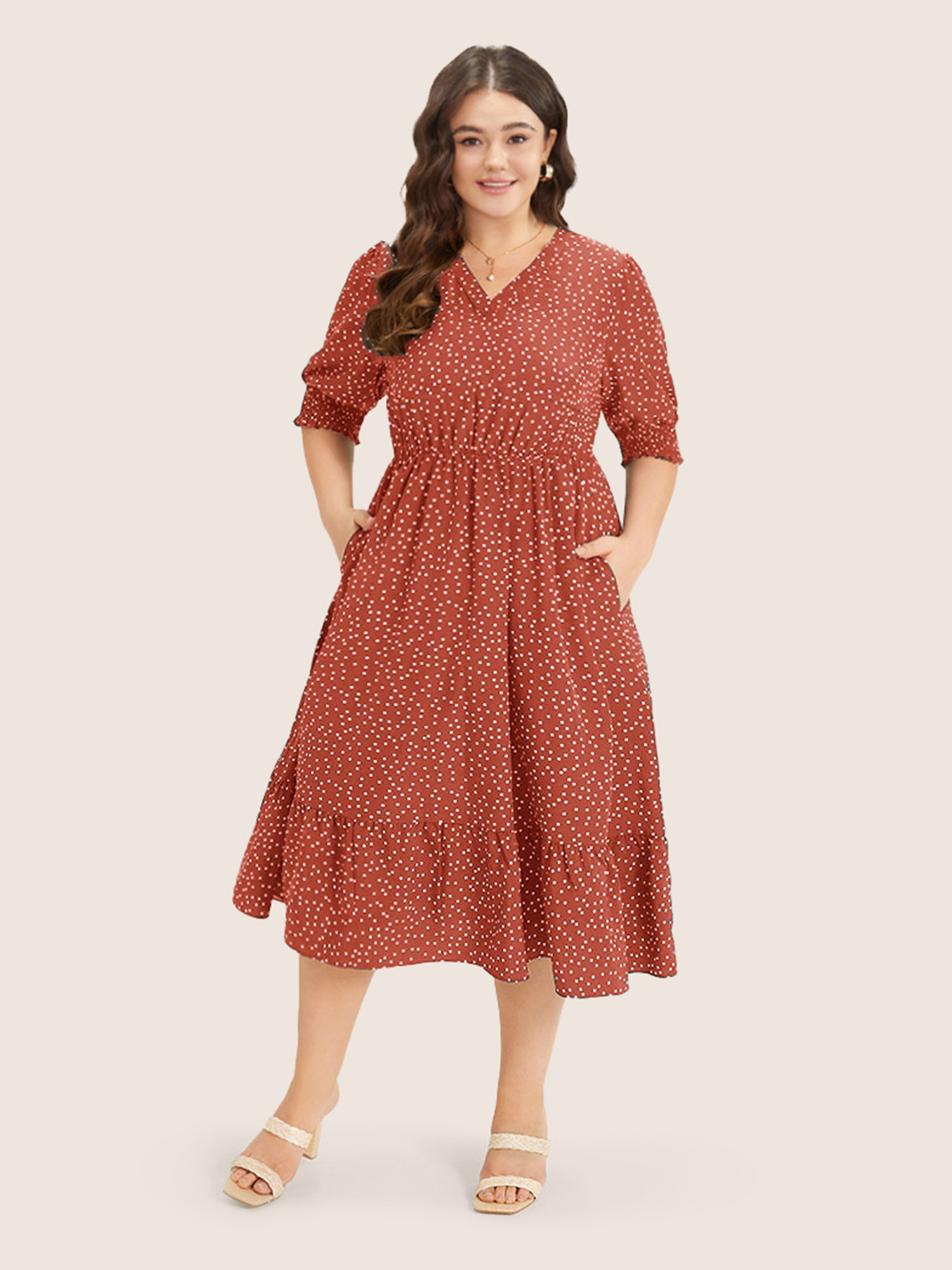 Plus Size Polka Dot Shirred Pocket Flutter Hem Dress Coral Women Office Printed V-neck Half Sleeve Curvy Midi Dress BloomChic 14-16/1X 
