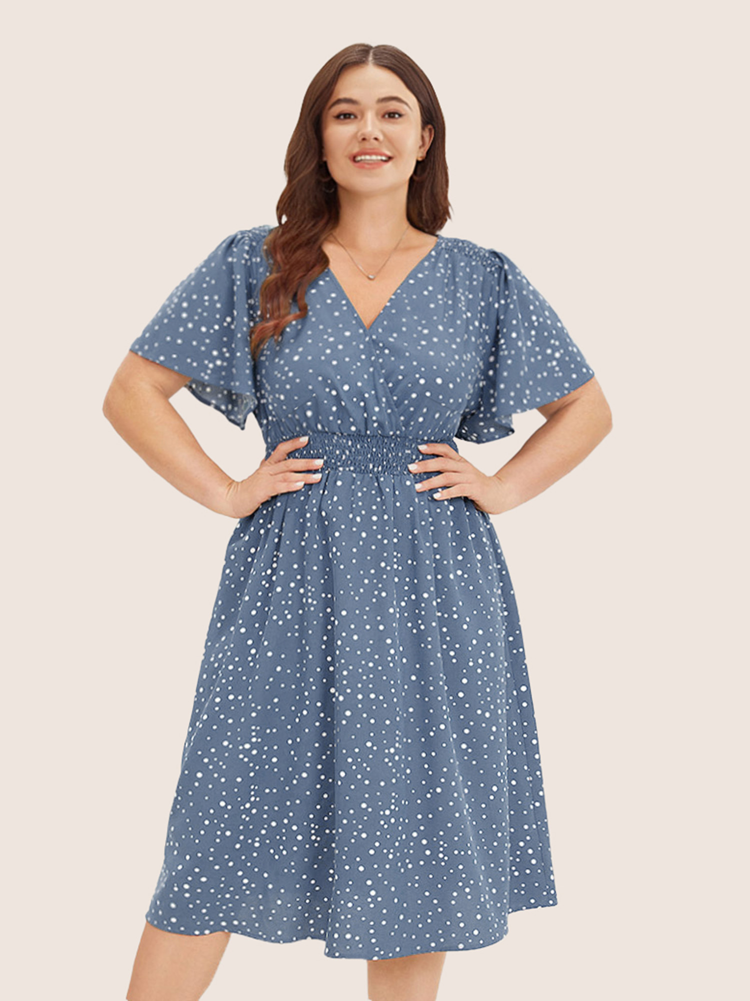 

Plus Size Polka Dot Wrap Pocket Shirred Ruffle Sleeve Dress Stone Women Elegant Patchwork V-neck Short sleeve Curvy Midi Dress BloomChic