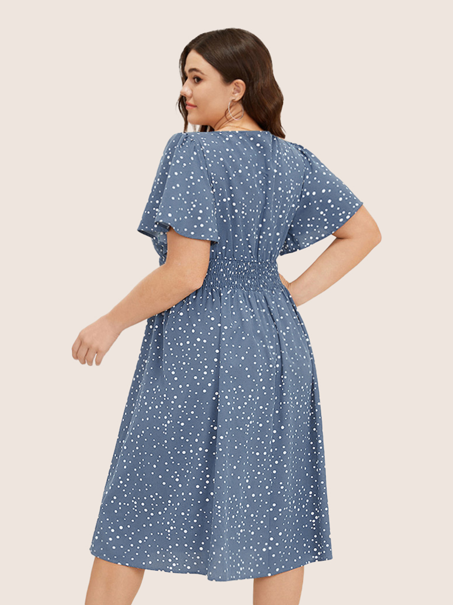 

Plus Size Polka Dot Wrap Pocket Shirred Ruffle Sleeve Dress Stone Women Elegant Patchwork V-neck Short sleeve Curvy Midi Dress BloomChic