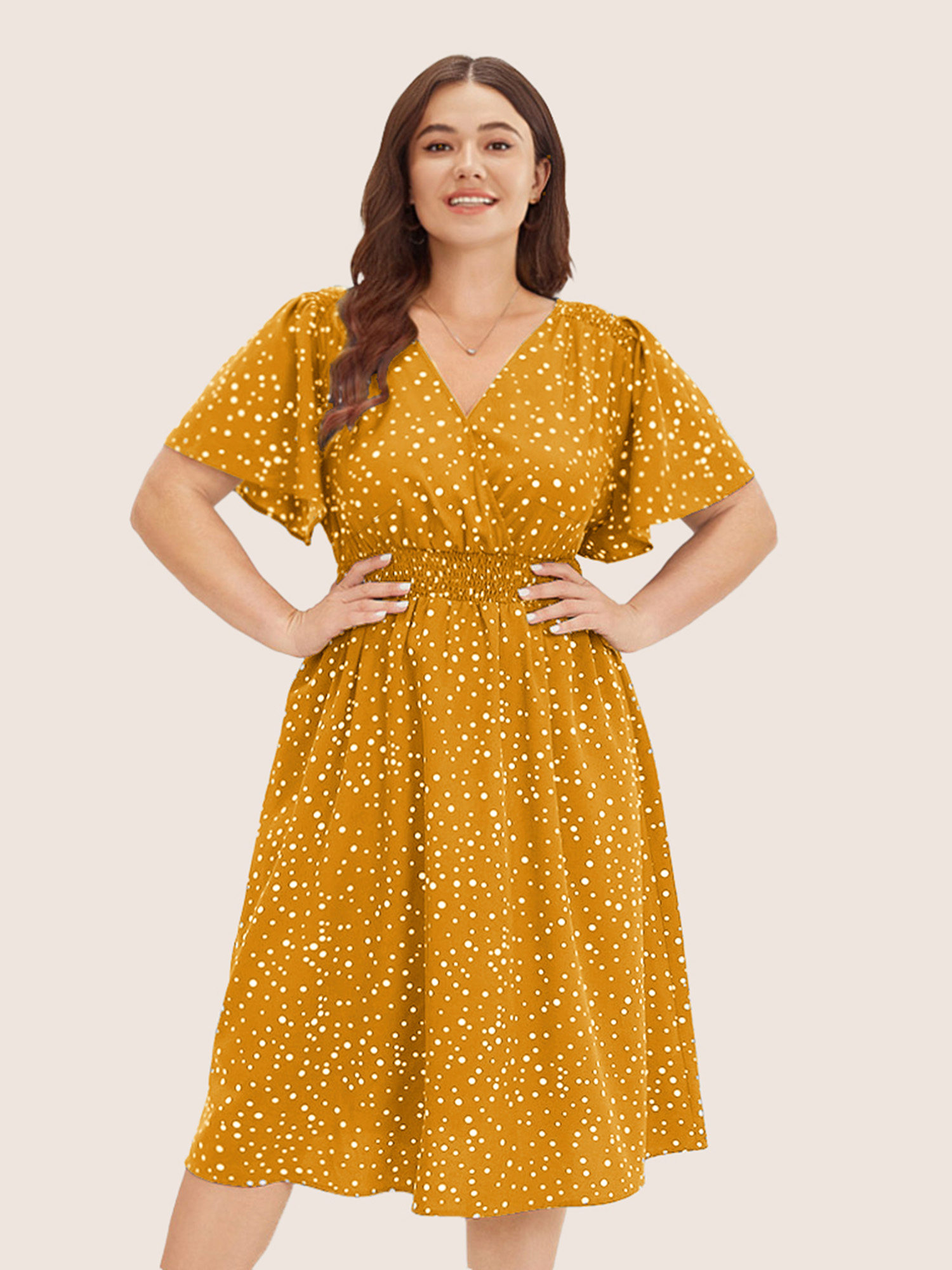 

Plus Size Polka Dot Wrap Pocket Shirred Ruffle Sleeve Dress Yellow Women Elegant Patchwork V-neck Short sleeve Curvy Midi Dress BloomChic