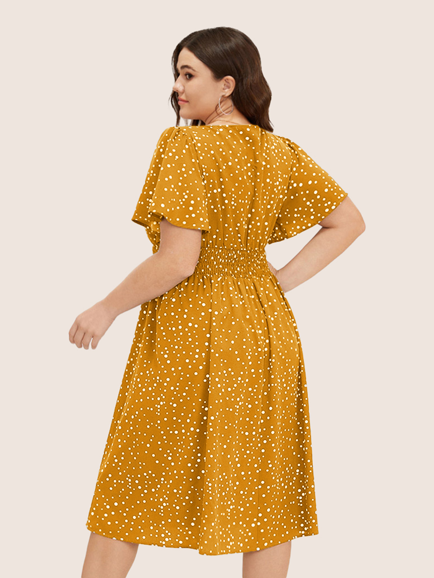 Plus Size Polka Dot Wrap Pocket Shirred Ruffle Sleeve Dress Yellow Women Elegant Patchwork V-neck Short sleeve Curvy Midi Dress BloomChic 12/L 