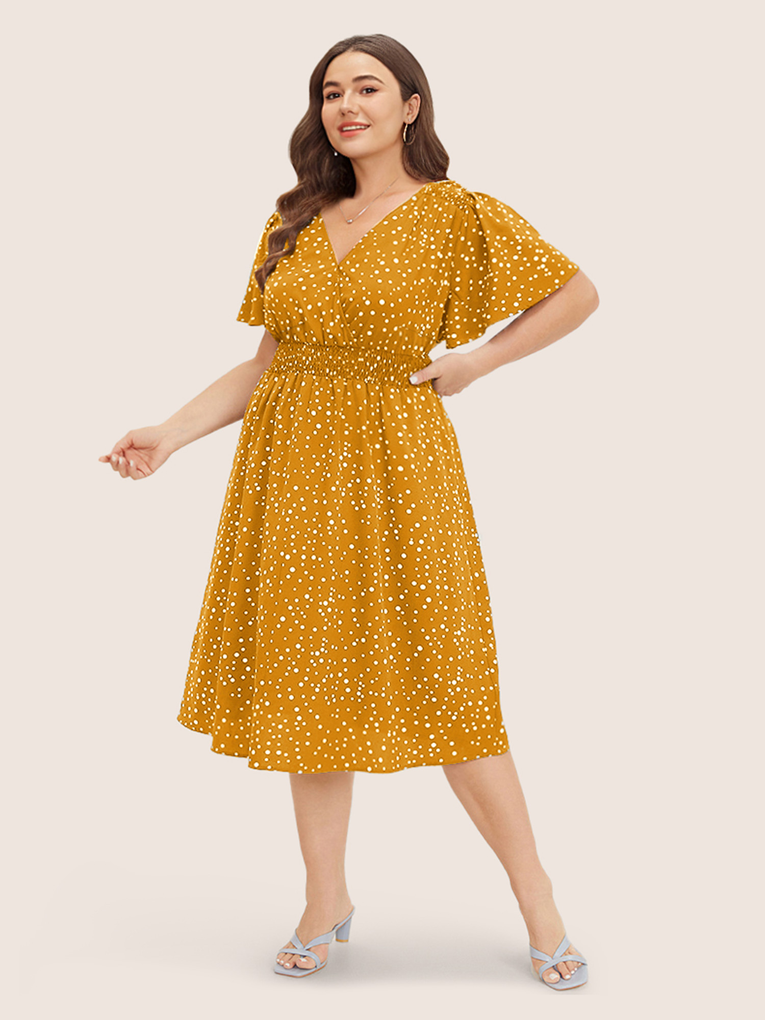 Plus Size Polka Dot Wrap Pocket Shirred Ruffle Sleeve Dress Yellow Women Elegant Patchwork V-neck Short sleeve Curvy Midi Dress BloomChic 12/L 