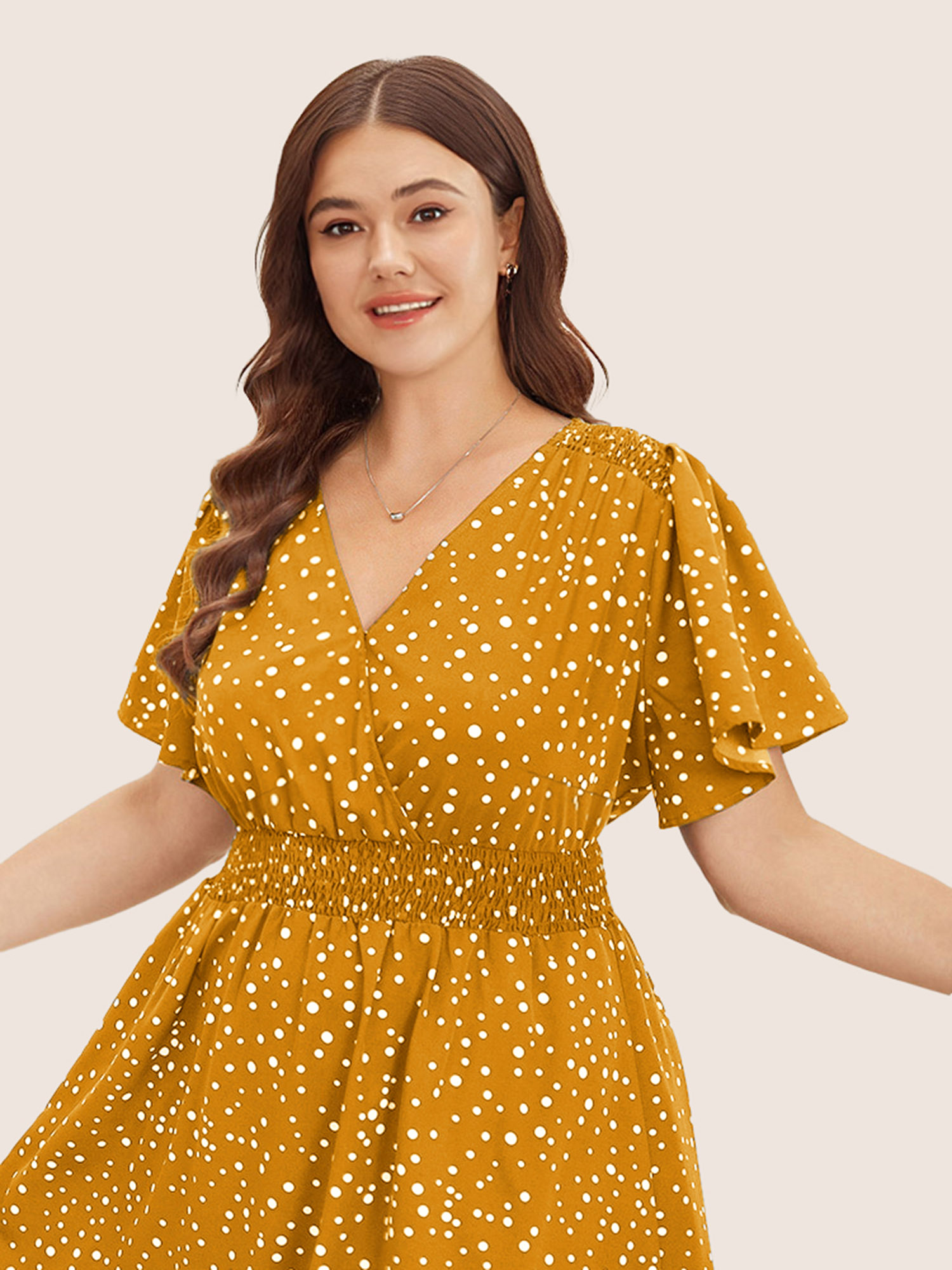 

Plus Size Polka Dot Wrap Pocket Shirred Ruffle Sleeve Dress Yellow Women Elegant Patchwork V-neck Short sleeve Curvy Midi Dress BloomChic