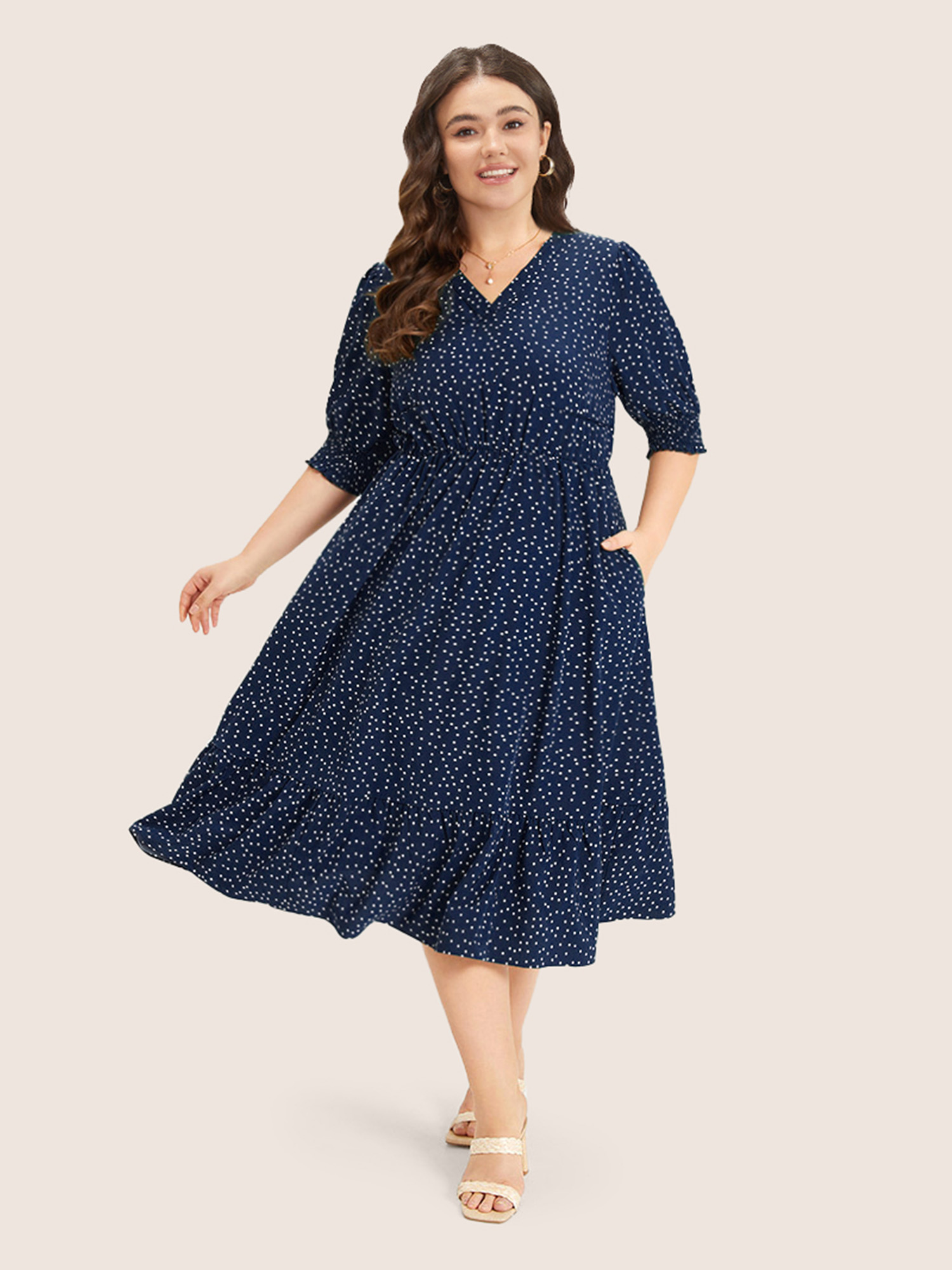 

Plus Size Polka Dot Shirred Pocket Flutter Hem Dress DarkBlue Women Office Printed V-neck Half Sleeve Curvy Midi Dress BloomChic