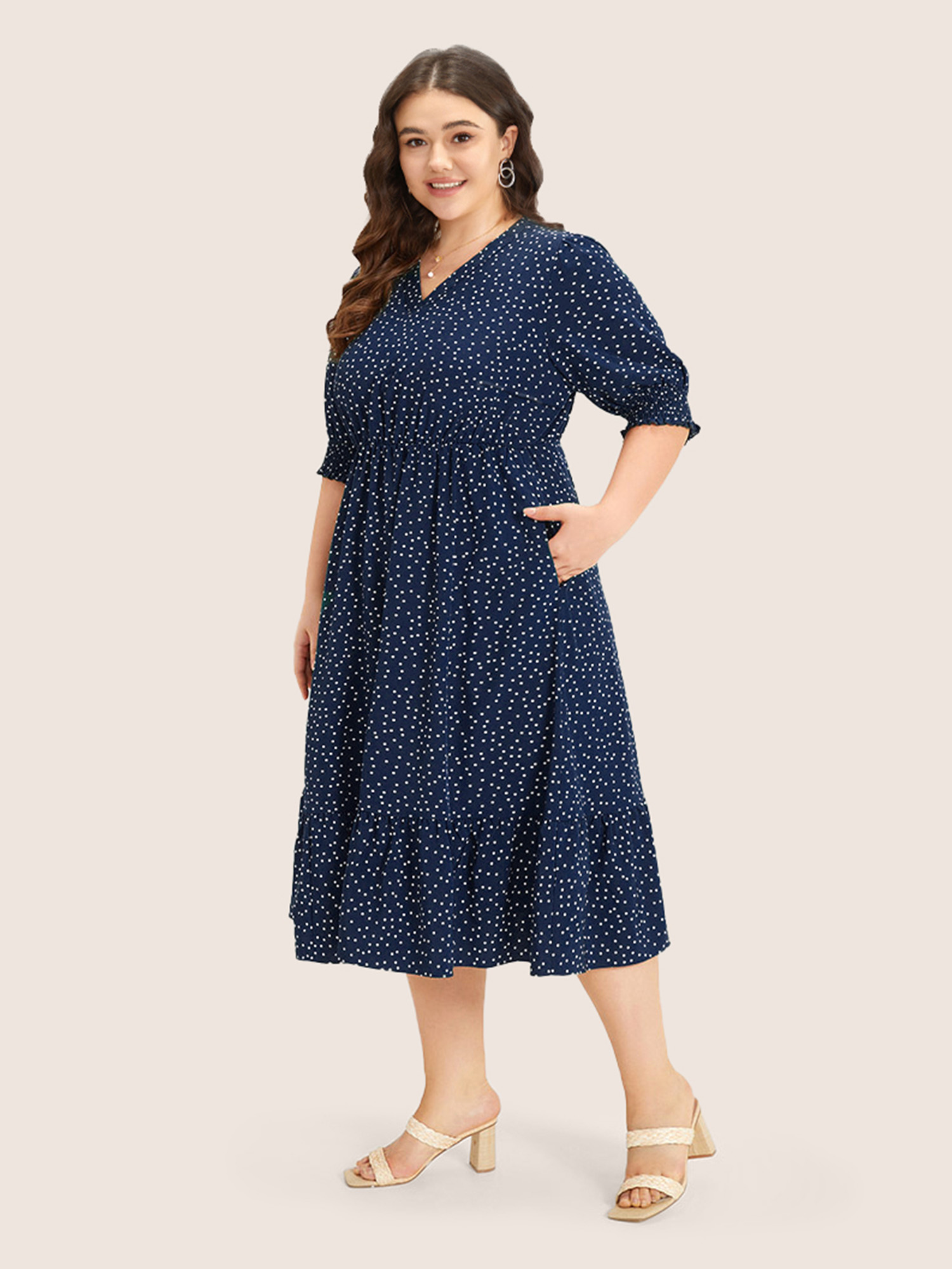 Plus Size Polka Dot Shirred Pocket Flutter Hem Dress DarkBlue Women Office Printed V-neck Half Sleeve Curvy Midi Dress BloomChic 30/6X 
