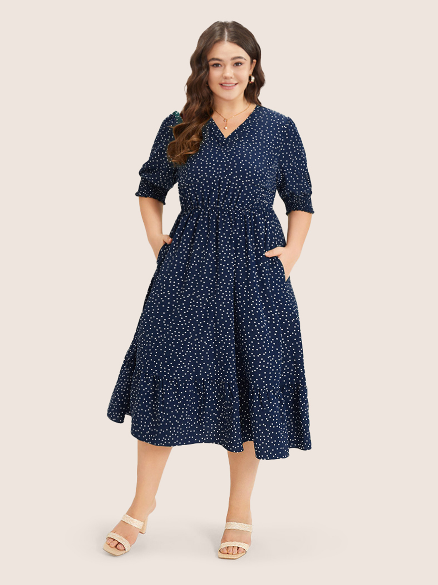Plus Size Polka Dot Shirred Pocket Flutter Hem Dress DarkBlue Women Office Printed V-neck Half Sleeve Curvy Midi Dress BloomChic 30/6X 