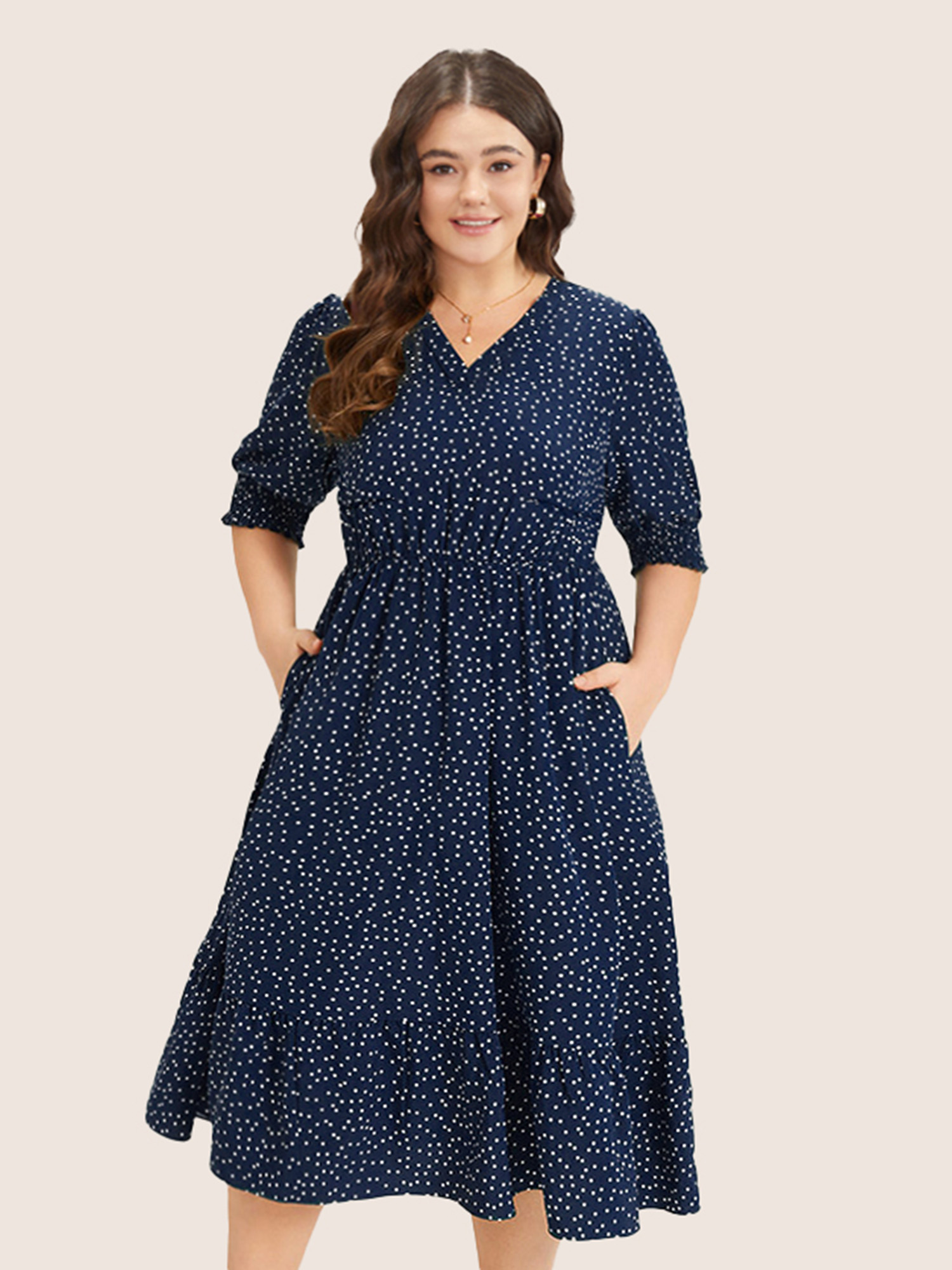 Plus Size Polka Dot Shirred Pocket Flutter Hem Dress DarkBlue Women Office Printed V-neck Half Sleeve Curvy Midi Dress BloomChic 30/6X 