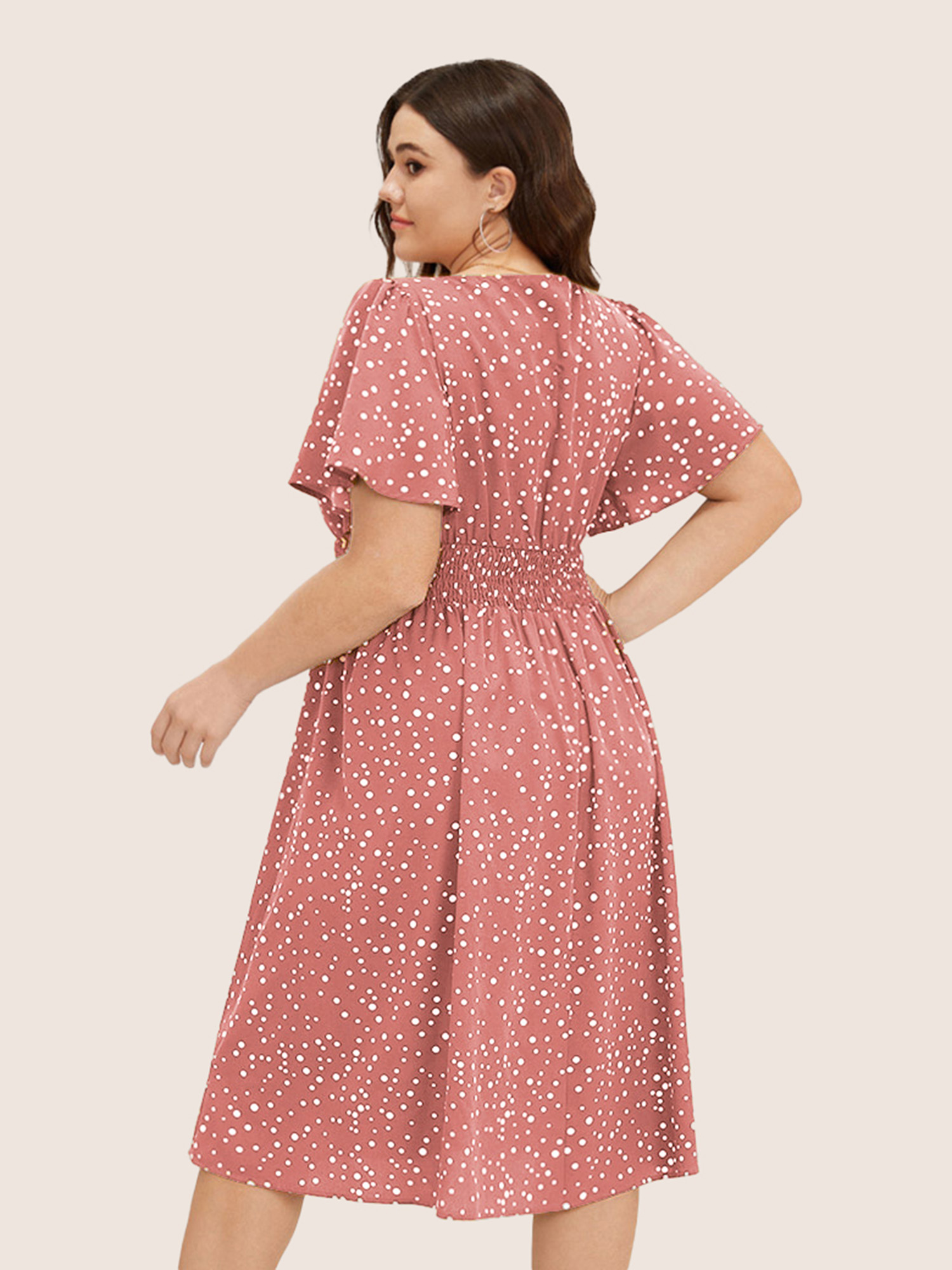 

Plus Size Polka Dot Wrap Pocket Shirred Ruffle Sleeve Dress DustyPink Women Elegant Patchwork V-neck Short sleeve Curvy Midi Dress BloomChic