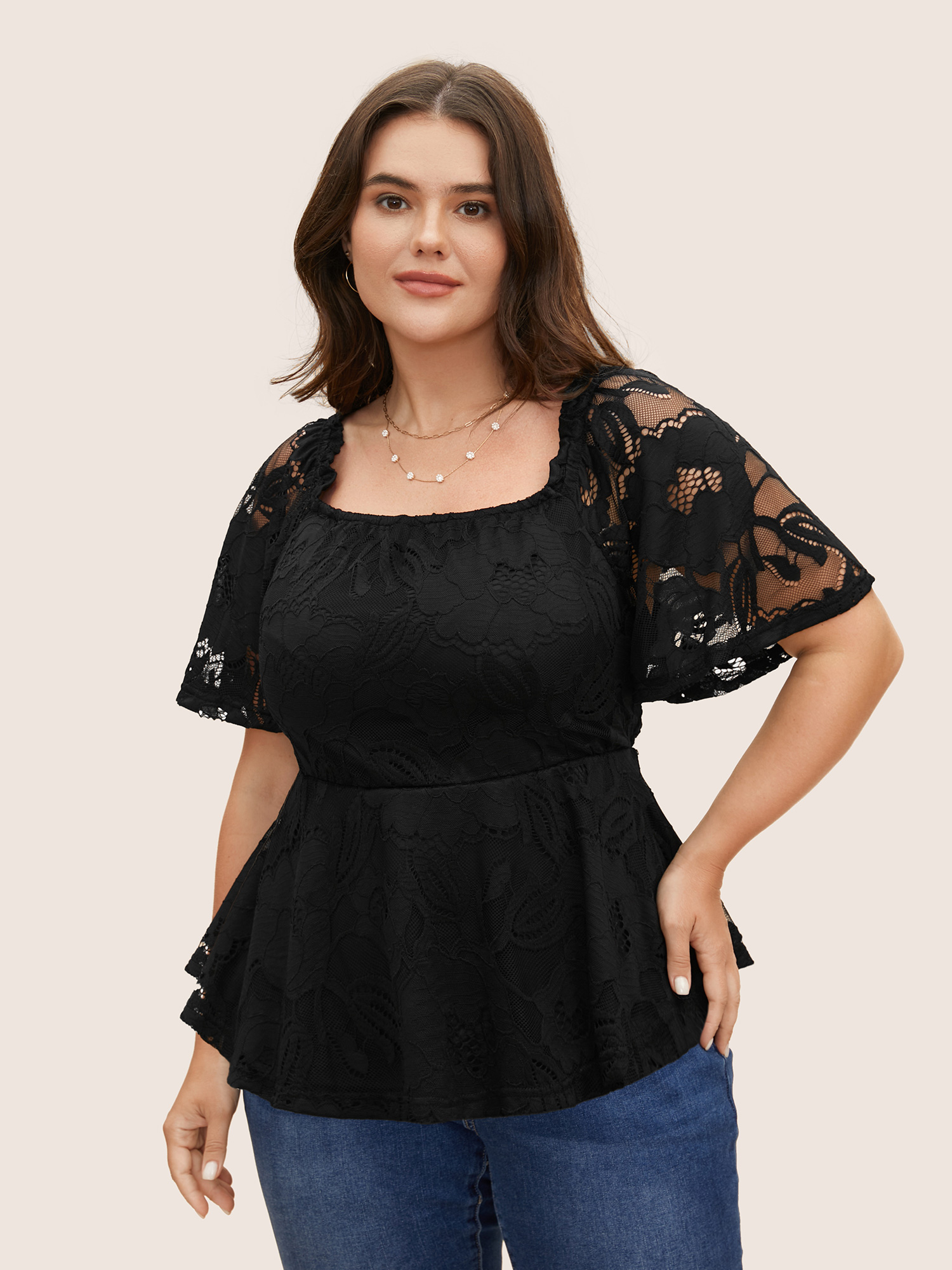 

Plus Size Square Neck Floral Lace Panel T-shirt Black One-shoulder neck Short sleeve Resort Jersey Tops