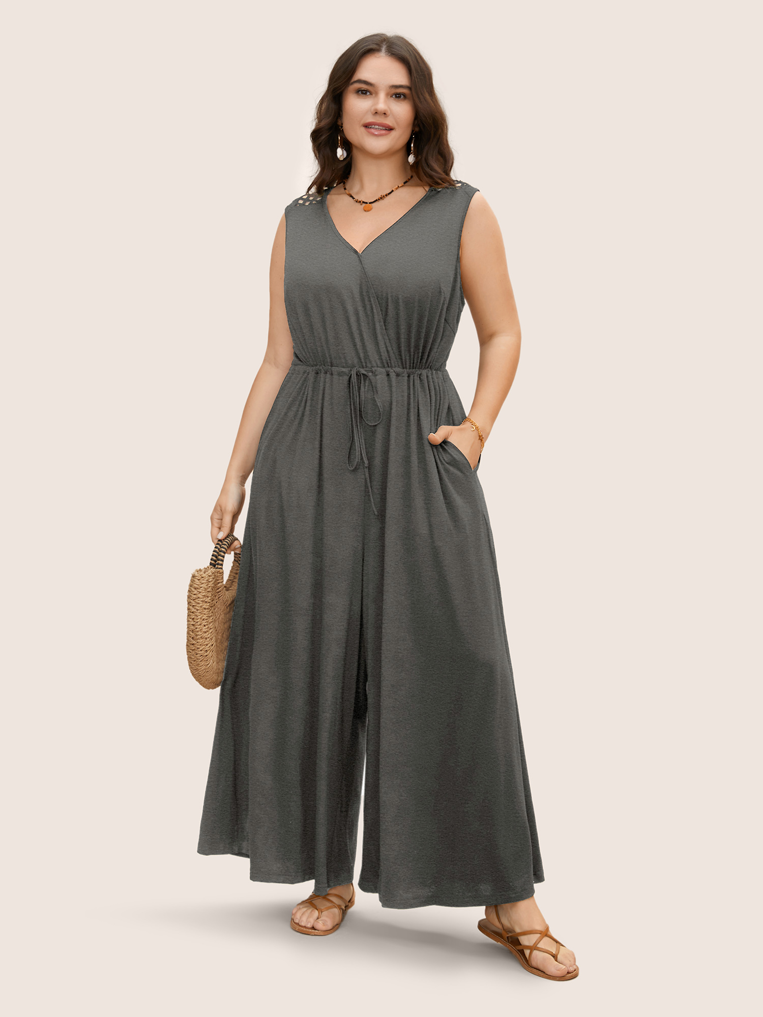 

Plus Size DimGray V Neck Crocheted Cut Out Jumpsuit Women Resort Sleeveless V-neck Vacation Loose Jumpsuits BloomChic