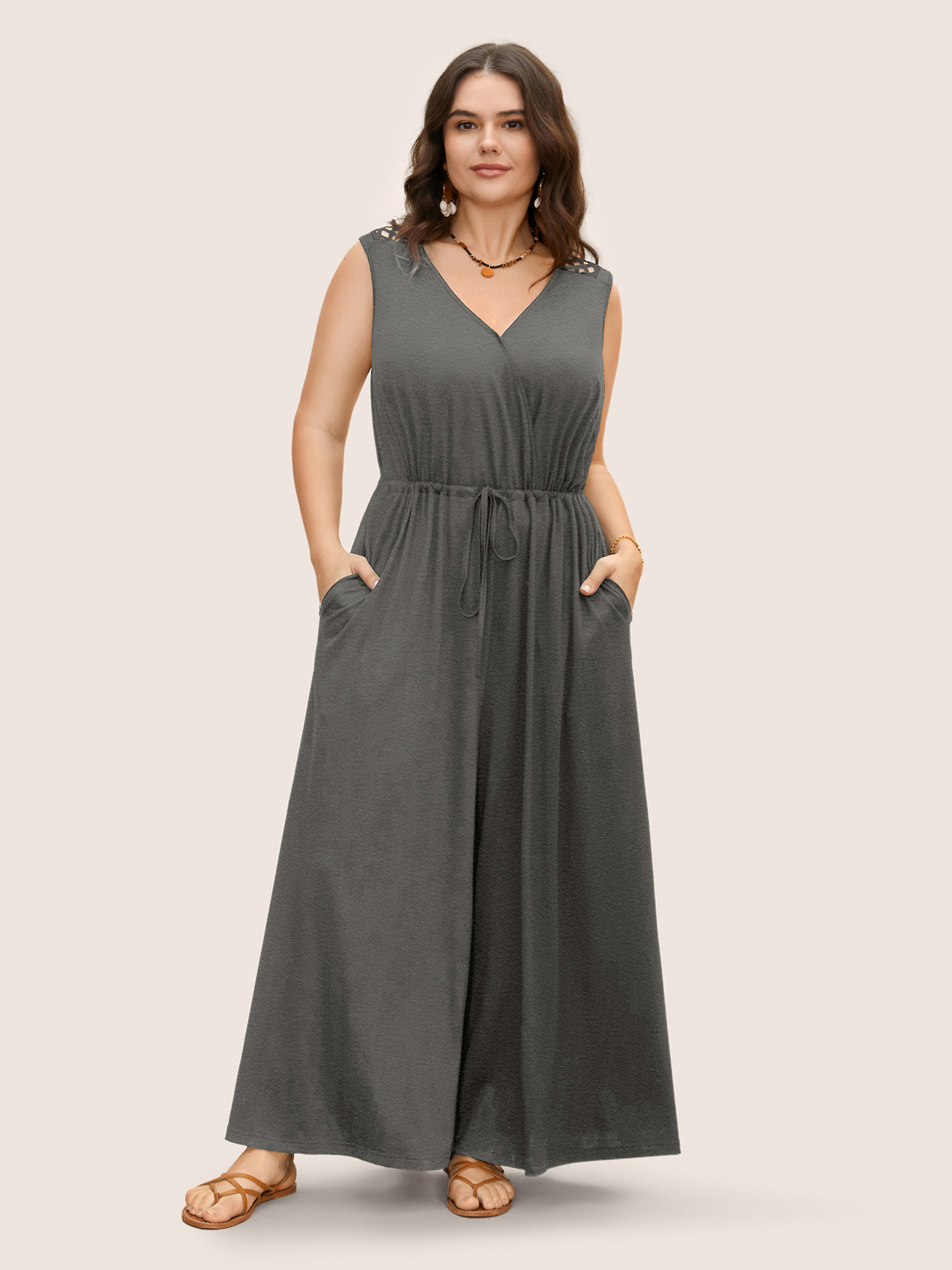 Plus Size DimGray V Neck Crocheted Cut Out Jumpsuit Women Resort Sleeveless V-neck Vacation Loose Jumpsuits BloomChic 28/5X 