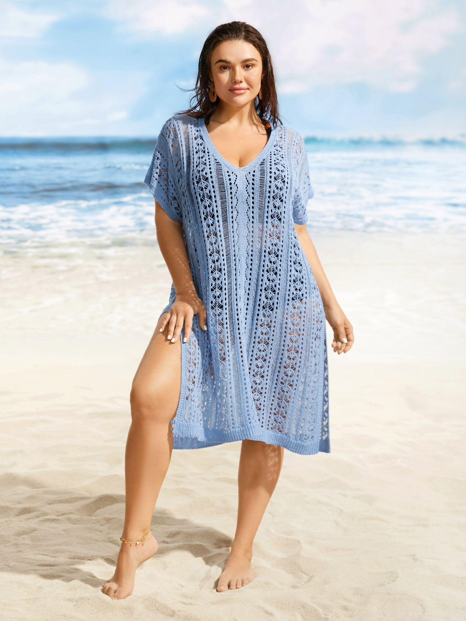 

Plus Size Deep V Neck Pointelle Knit Dolman Sleeve Swim Cover Up Women's Swimwear LightBlue Beach Loose Texture Curve Swim Cover Ups BloomChic