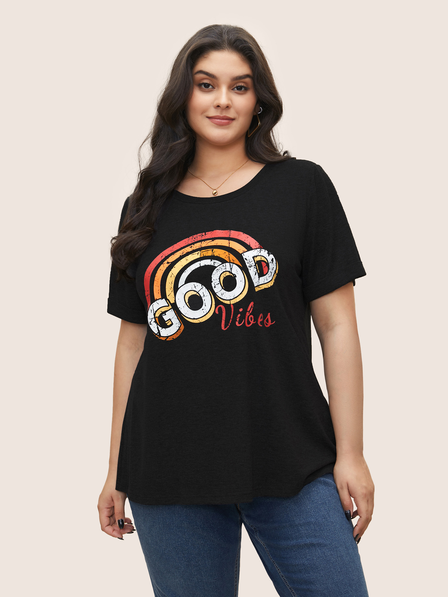 

Plus Size Vintage Rainbow Print Crew Neck T-shirt Multicolor Women Casual Positive slogan Round Neck Everyday T-shirts BloomChic