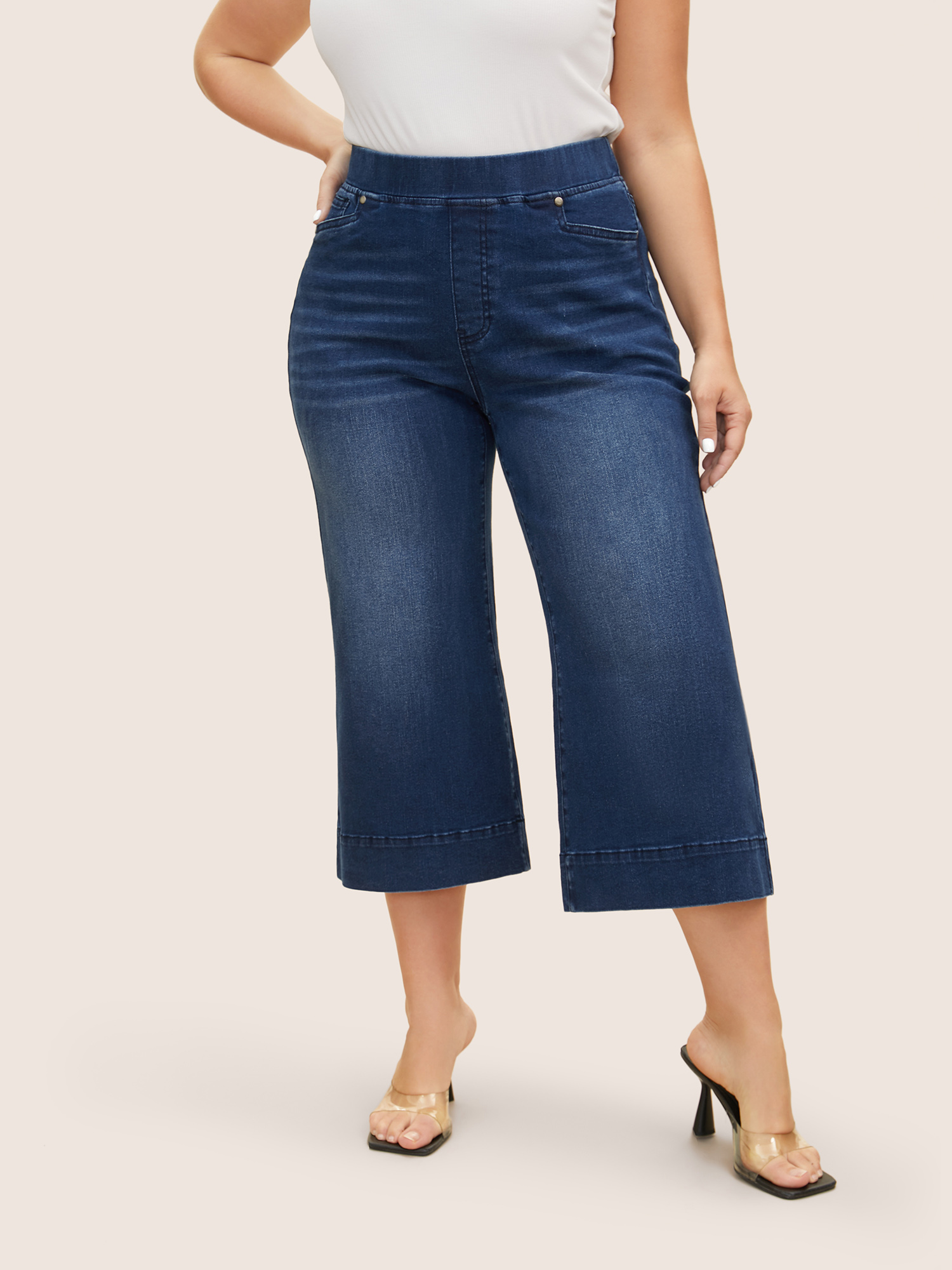 

Plus Size Dark Wash Elastic Waist Wide Leg Cropped Jeans Women Denimindigo Casual Non High stretch Double-flap pocket Jeans BloomChic