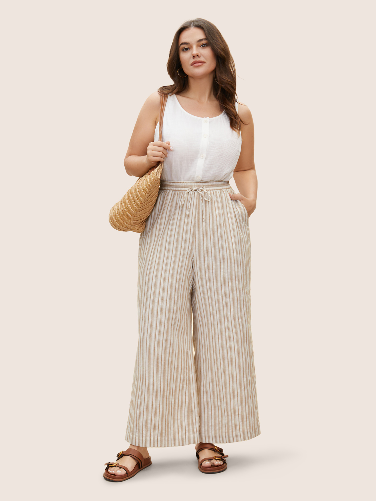 

Plus Size Striped Drawstring Mid Rise Wide Leg Pants Women Tan Resort Wide Leg Mid Rise Vacation Pants BloomChic