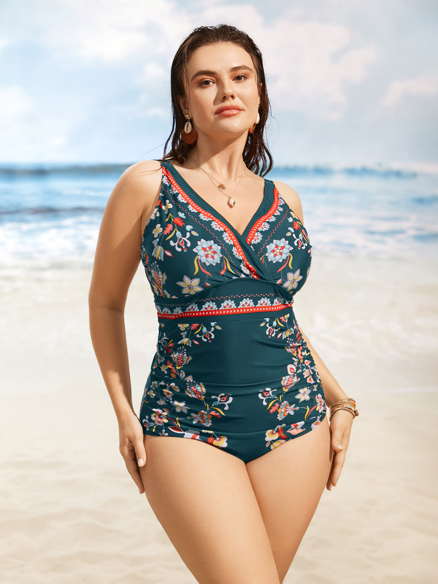 

Plus Size Boho Print Overlap Collar Gathered One Piece Swimsuit Women's Swimwear Cyan Beach Gathered Curve Bathing Suits High stretch One Pieces BloomChic