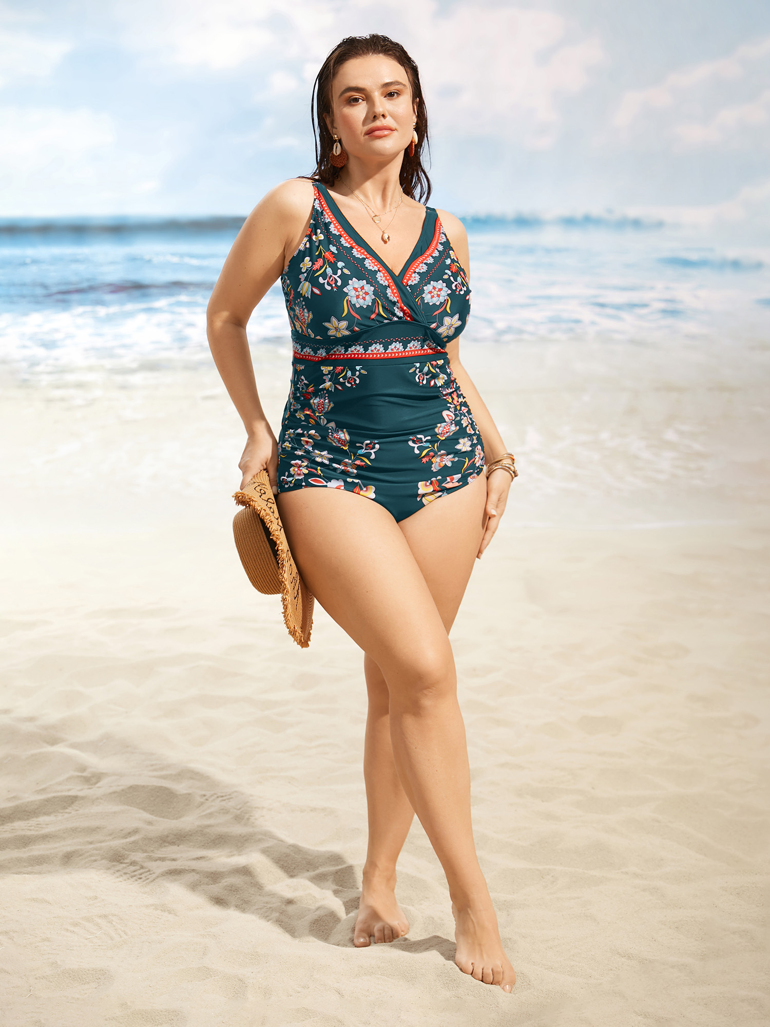 

Plus Size Boho Print Surplice Neck Ruched One Piece Swimsuit Women's Swimwear Cyan Beach Gathered Curve Bathing Suits High stretch One Pieces BloomChic