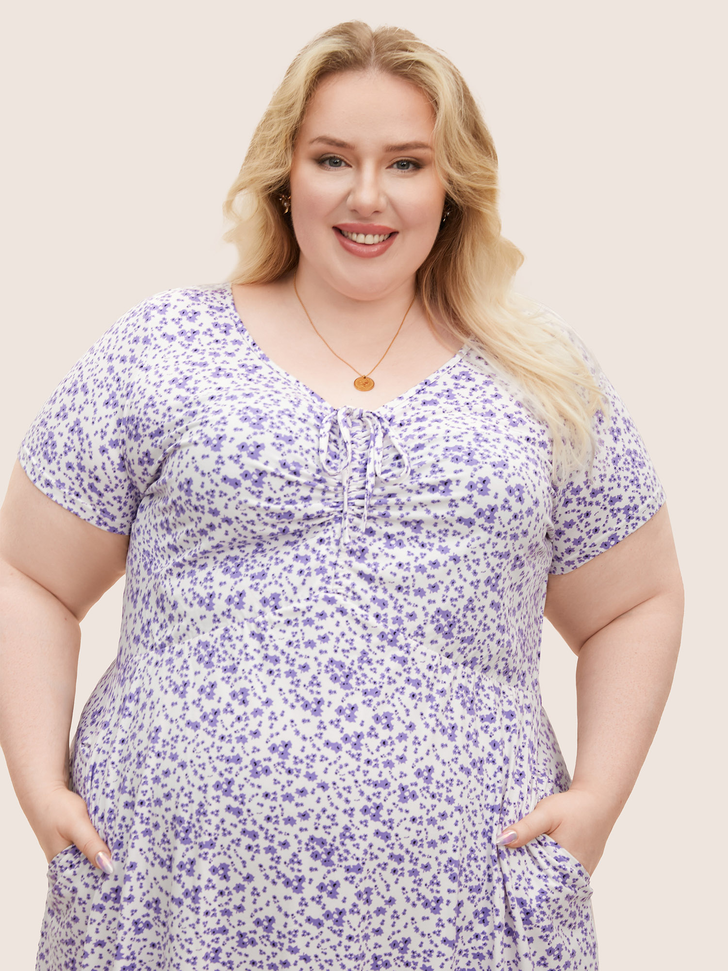 Plus Size Ditsy Floral Elastic Waist Knot Drawstring Dress Lilac Women Non V-neck Short sleeve Curvy Midi Dress BloomChic 30/6X 