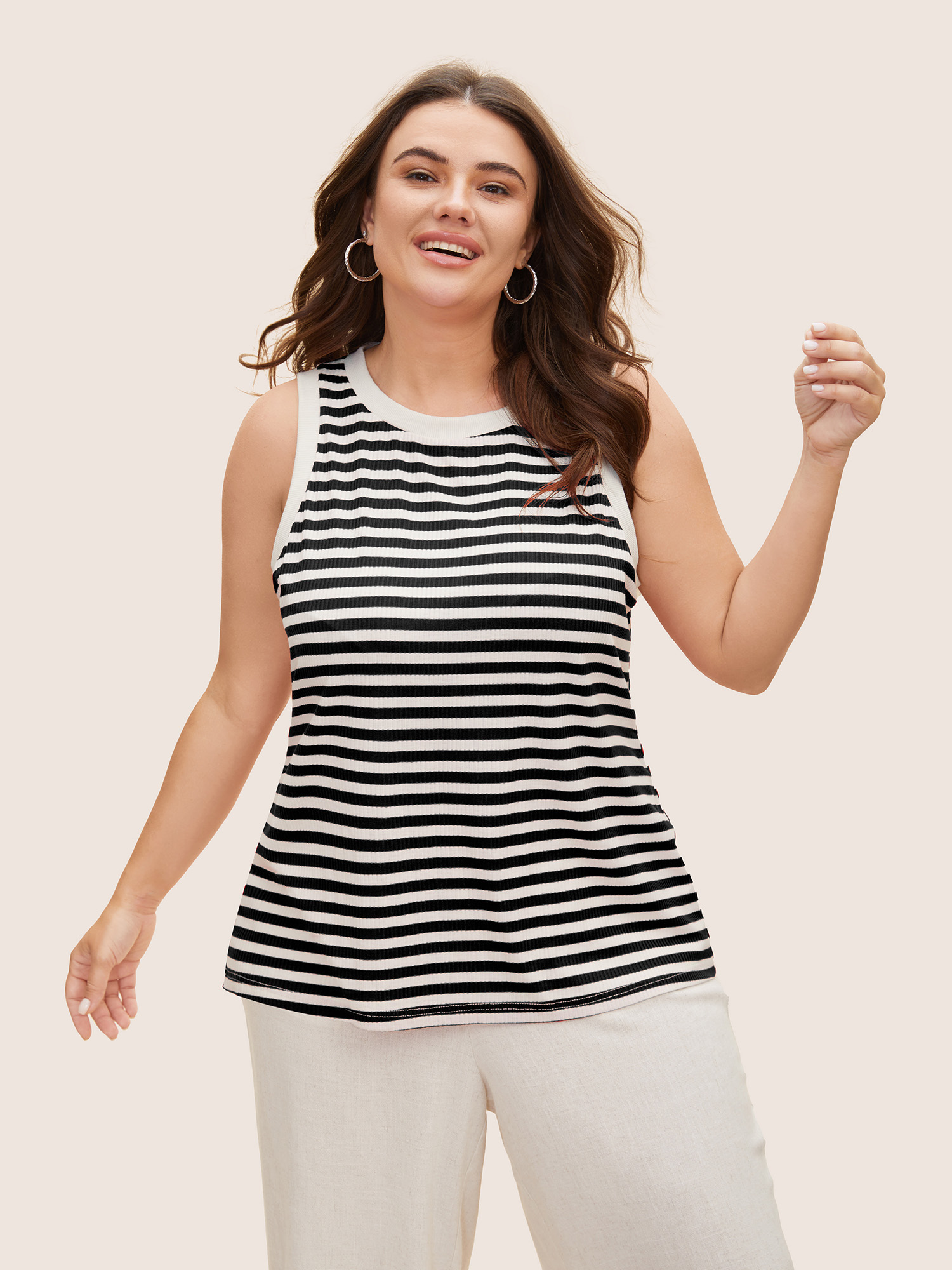 

Plus Size Round Neck Striped Pit Strip Tank Top Women Black Casual Texture Round Neck Everyday Tank Tops Camis BloomChic