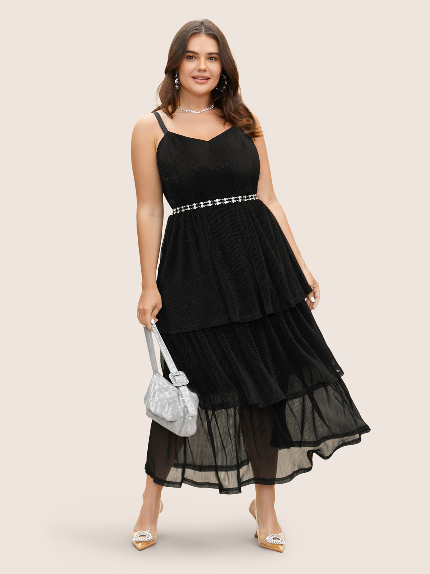 

Plus Size Solid Texture Layered Hem Cami Maxi Dress Black Women Texture Non Sleeveless Curvy BloomChic
