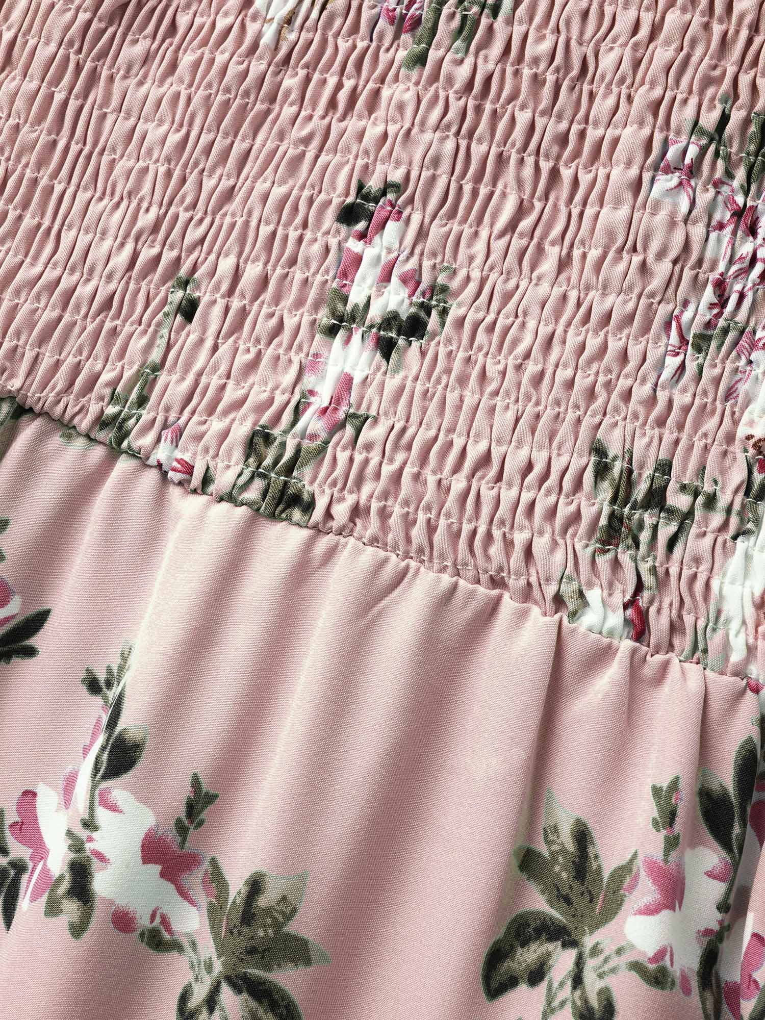Floral DustyPink Shirred Plus Size Women Dress Elegance Pocket Ruffle Sleeve Short Sleeve Square Neck Pocket Dailywear Midi Dress BloomChic 