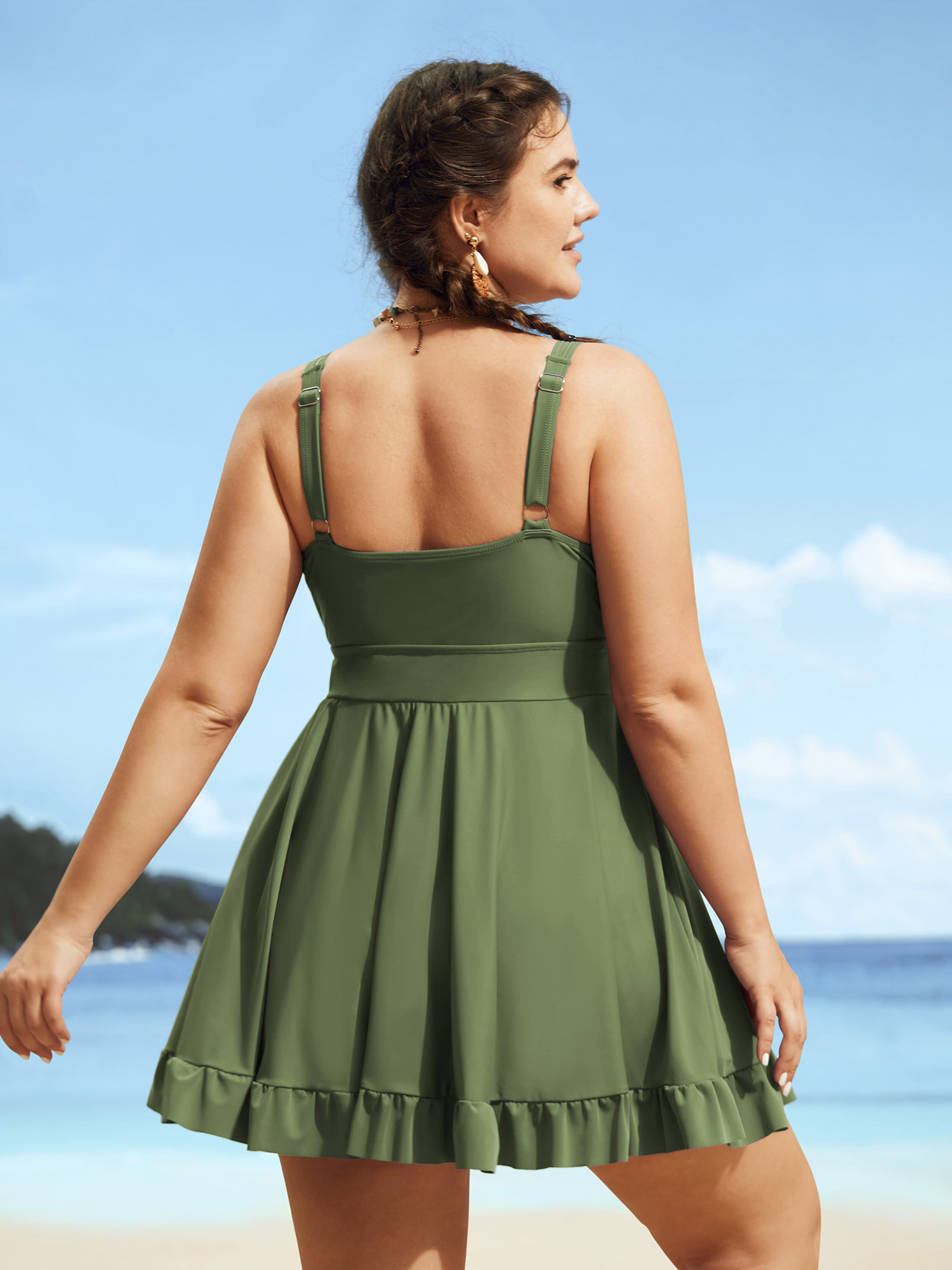 Plus Size V Neck Solid Tie Knot Ruffles Swim Dress Women`s Swimwear Sage Beach Bodycon Overlap Collar High stretch Curve Swim Dresses BloomChic 10/M 