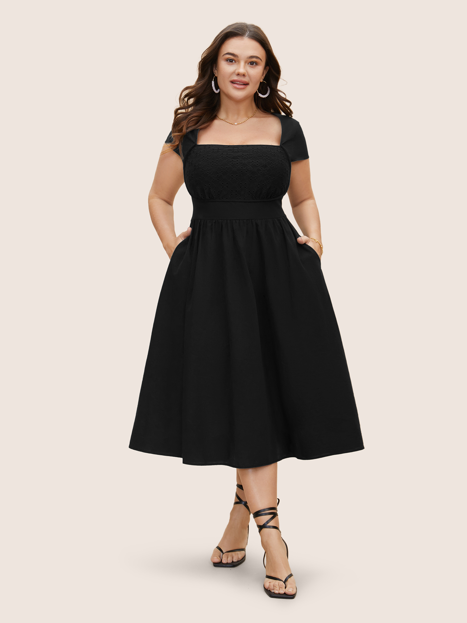 

Plus Size Solid Broderie Anglaise Shirred Tucked Seam Dress Black Women Elegant Tucked seam Square Neck Cap Sleeve Curvy BloomChic