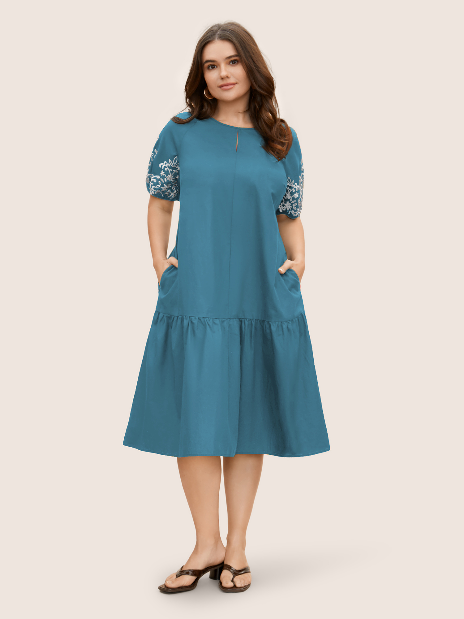 

Plus Size Floral Embroidered Keyhole Lantern Sleeve Dress Cerulean Women Casual Gathered Round Neck Half Sleeve Curvy BloomChic