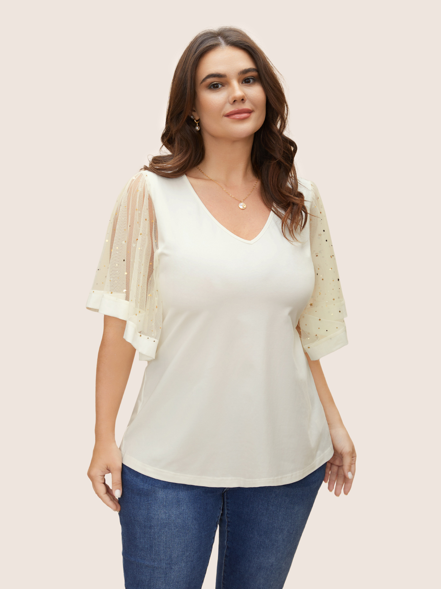 

Plus Size Star Sequin Mesh Patchwork Ruffle Sleeve T-shirt WhiteSmoke Women Resort See through Star and moon V-neck Vacation T-shirts BloomChic
