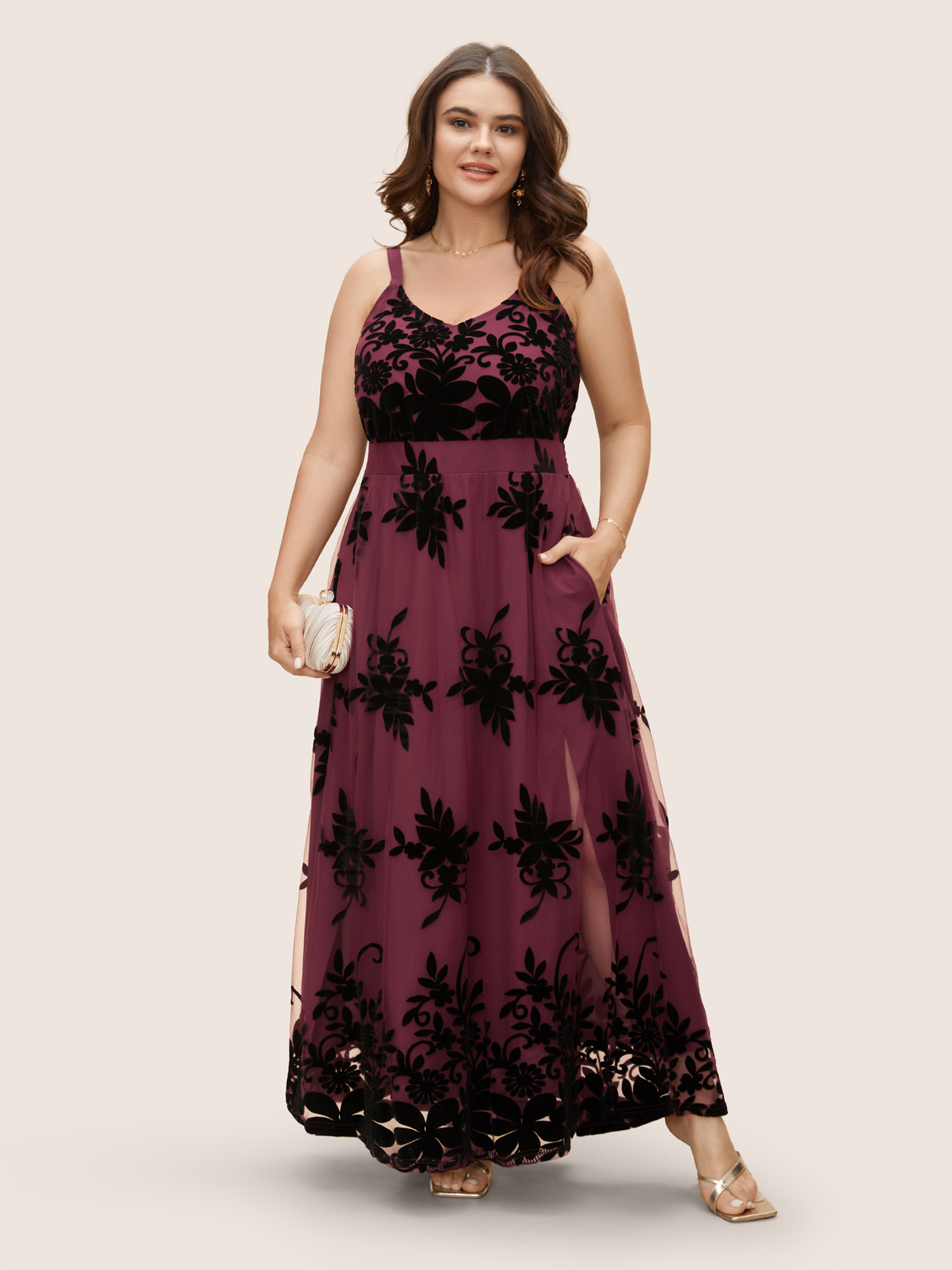 

Plus Size Floral Flocked Tulle Split Hem Dress Burgundy Women Formal Texture V-neck Sleeveless Curvy BloomChic