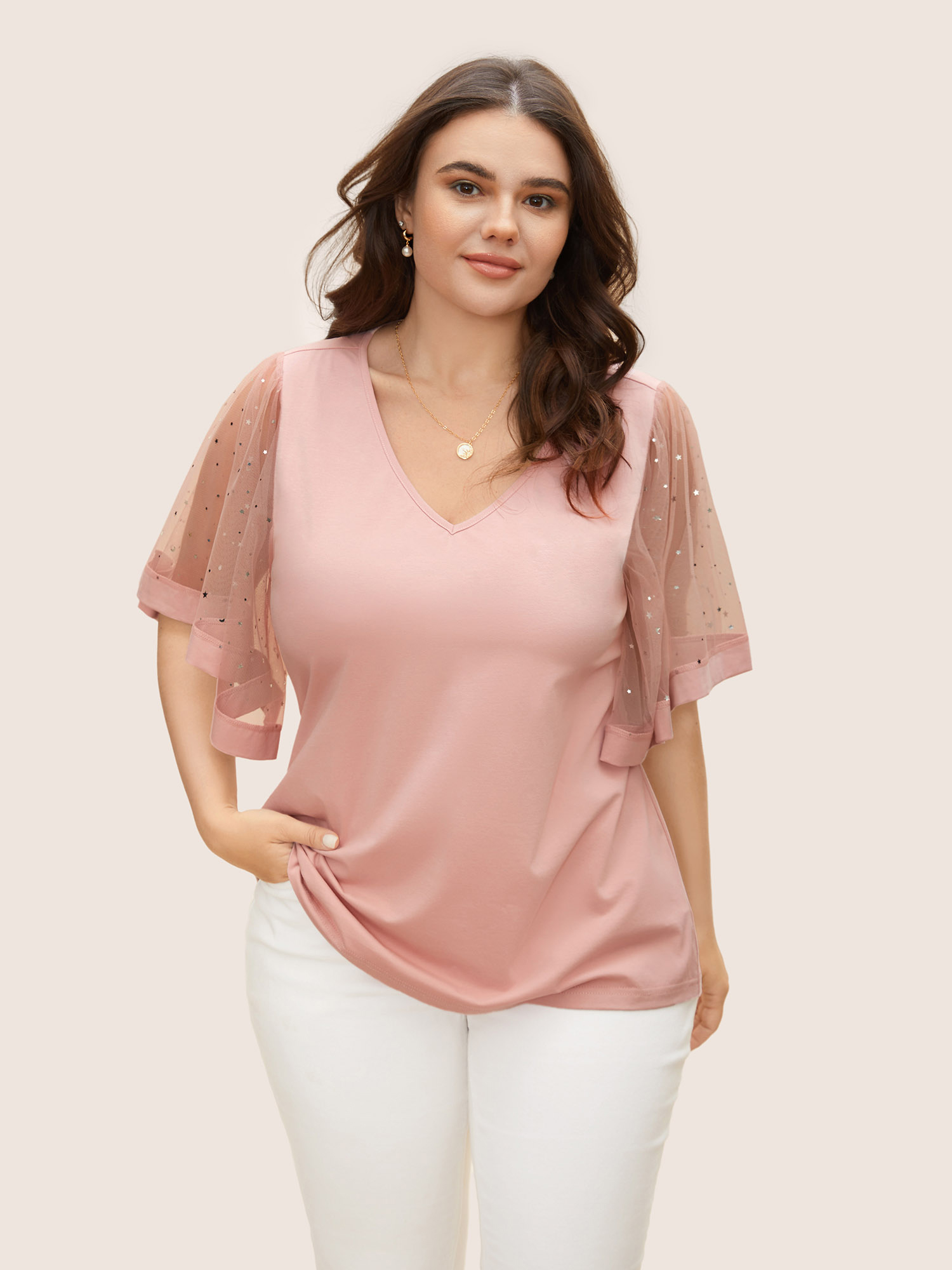 

Plus Size Star Sequin Mesh Patchwork Ruffle Sleeve T-shirt Nudepink Women Resort See through Star and moon V-neck Vacation T-shirts BloomChic