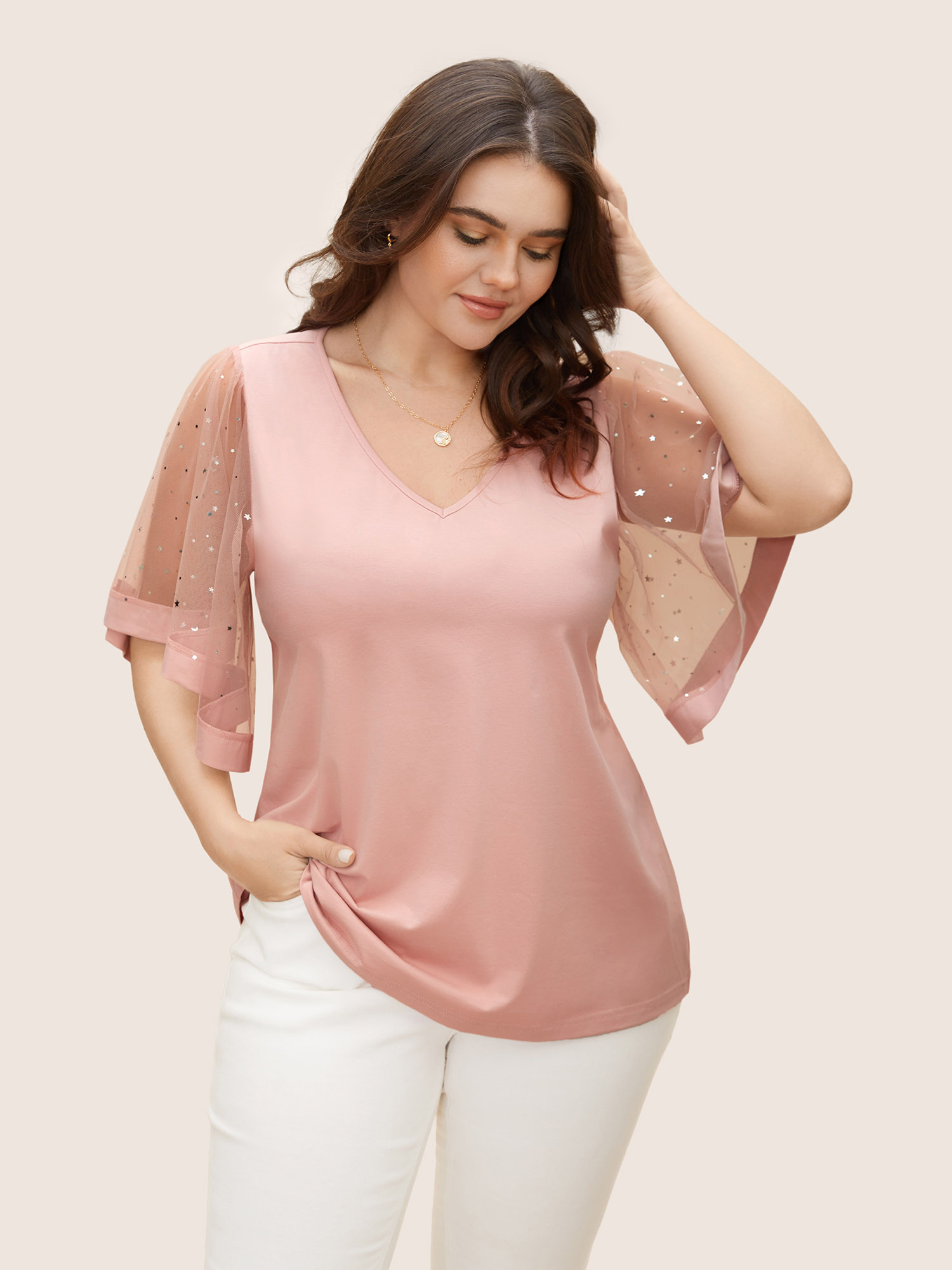 

Star Sequin Mesh Patchwork Ruffle Sleeve T-shirt, Nudepink