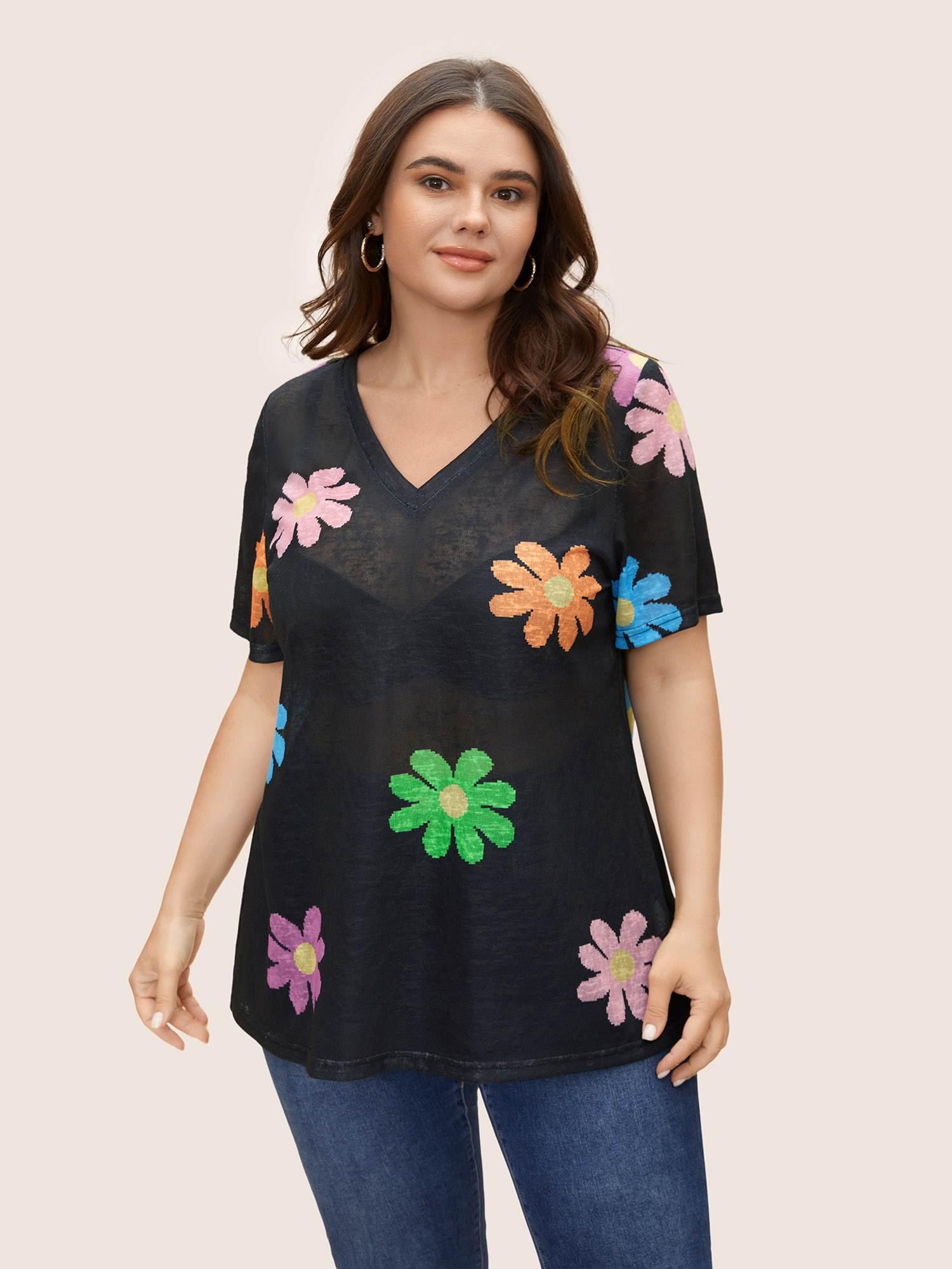 

Plus Size Colored Floral V Neck See Through T-shirt Black Women Casual See through Art&design V-neck Everyday T-shirts BloomChic
