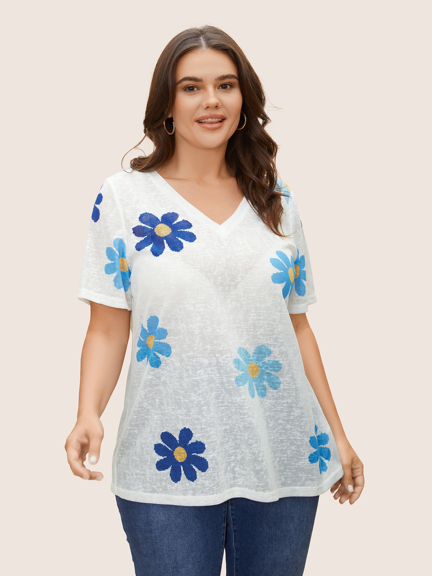 

Plus Size Colored Floral V Neck See Through T-shirt Multicolor Women Casual See through Art&design V-neck Everyday T-shirts BloomChic
