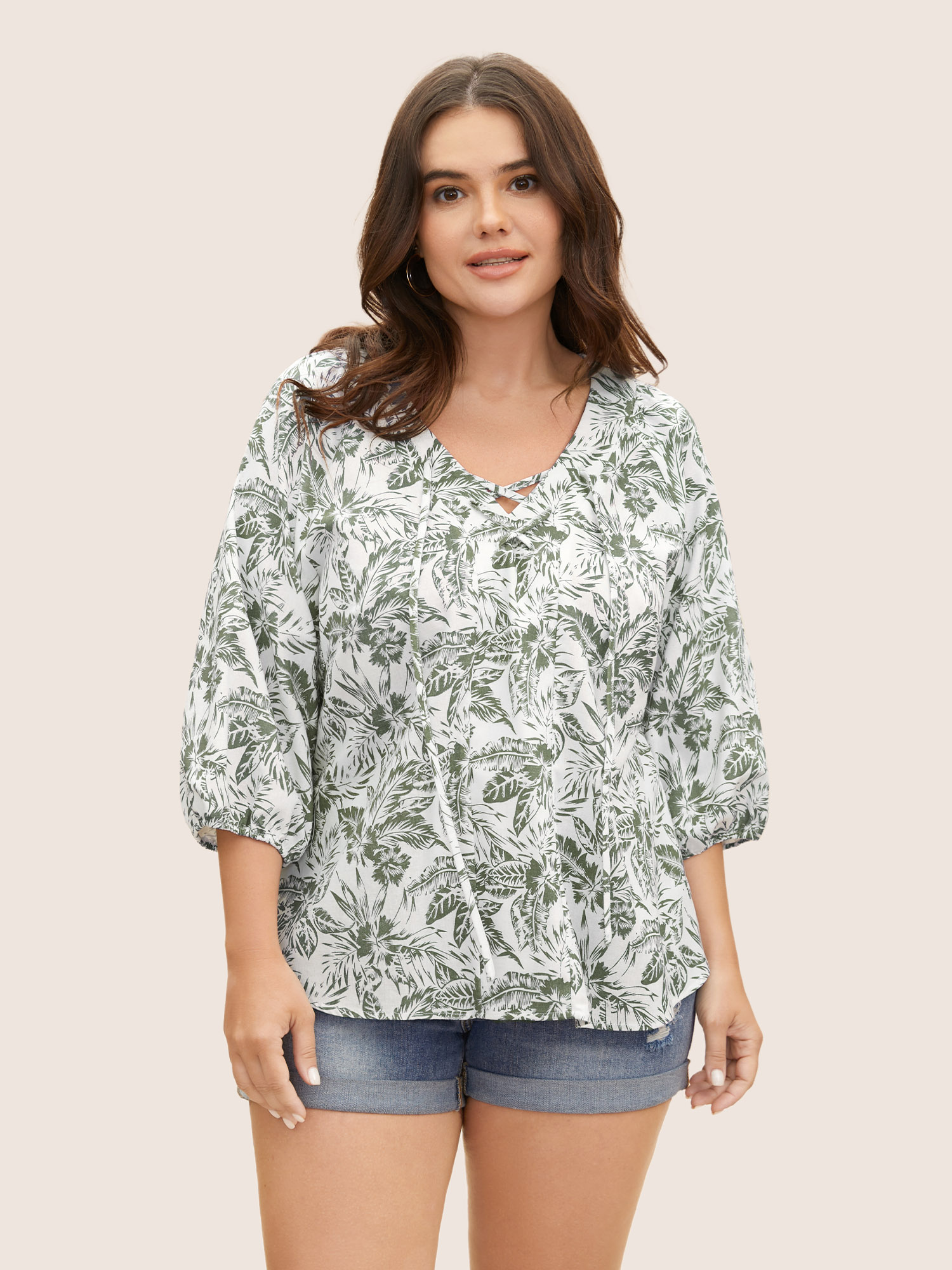 

Plus Size ArmyGreen Linen Blend Tropical Print Lace Up Lantern Sleeve Blouse Women Casual Elbow-length sleeve Deep V-neck Everyday Blouses BloomChic