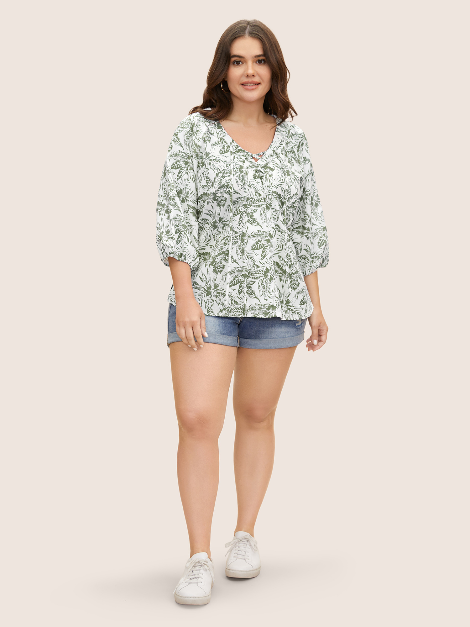 

Plus Size ArmyGreen Linen Blend Tropical Print Lace Up Lantern Sleeve Blouse Women Casual Elbow-length sleeve Deep V-neck Everyday Blouses BloomChic