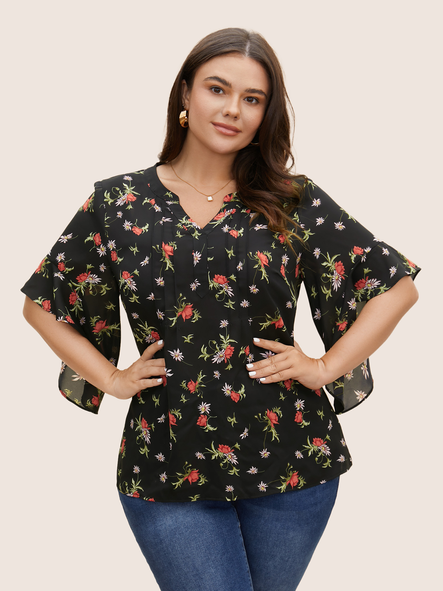 

Plus Size Black Notched Floral Pleated Ruffle Sleeve Blouse Women Elegant Half Sleeve Flat collar with V-notch Everyday Blouses BloomChic