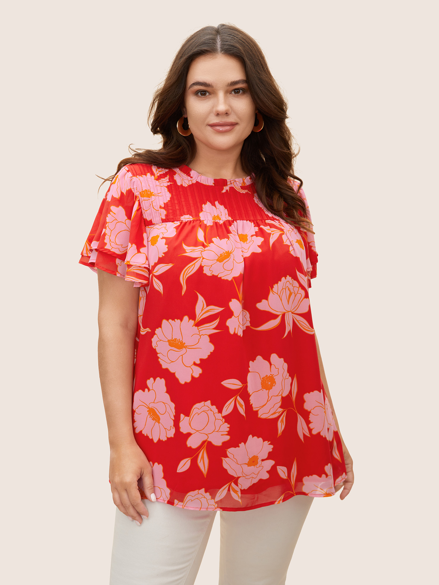 

Plus Size Brightred Floral Stand Collar Pleated Tiered Ruffles Blouse Women Elegant Short sleeve Stand-up collar Everyday Blouses BloomChic