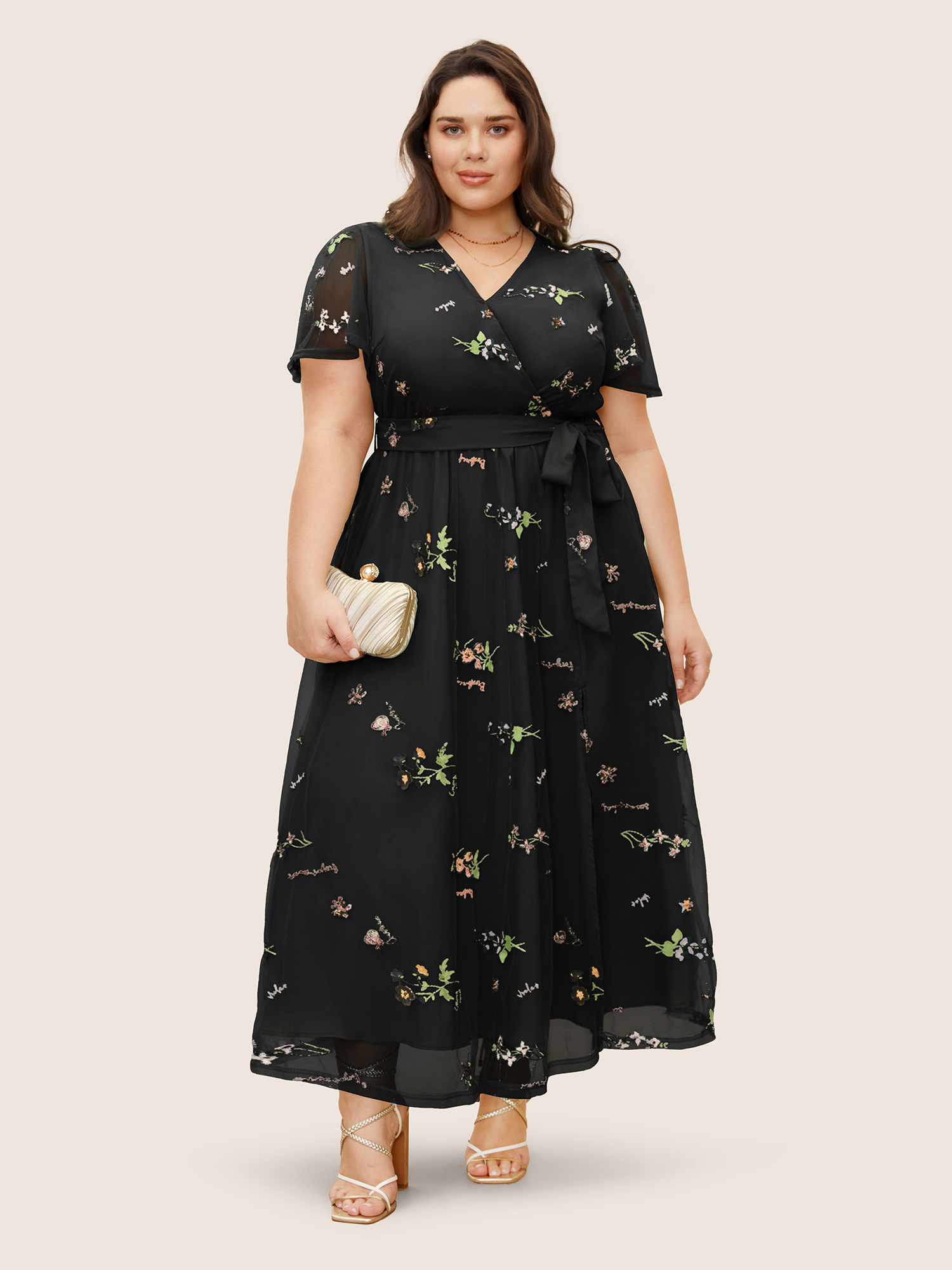 

Plus Size Overlap Collar Mesh Floral Embroidered Dress Black Women Formal Overlapping V-neck Short sleeve Curvy BloomChic