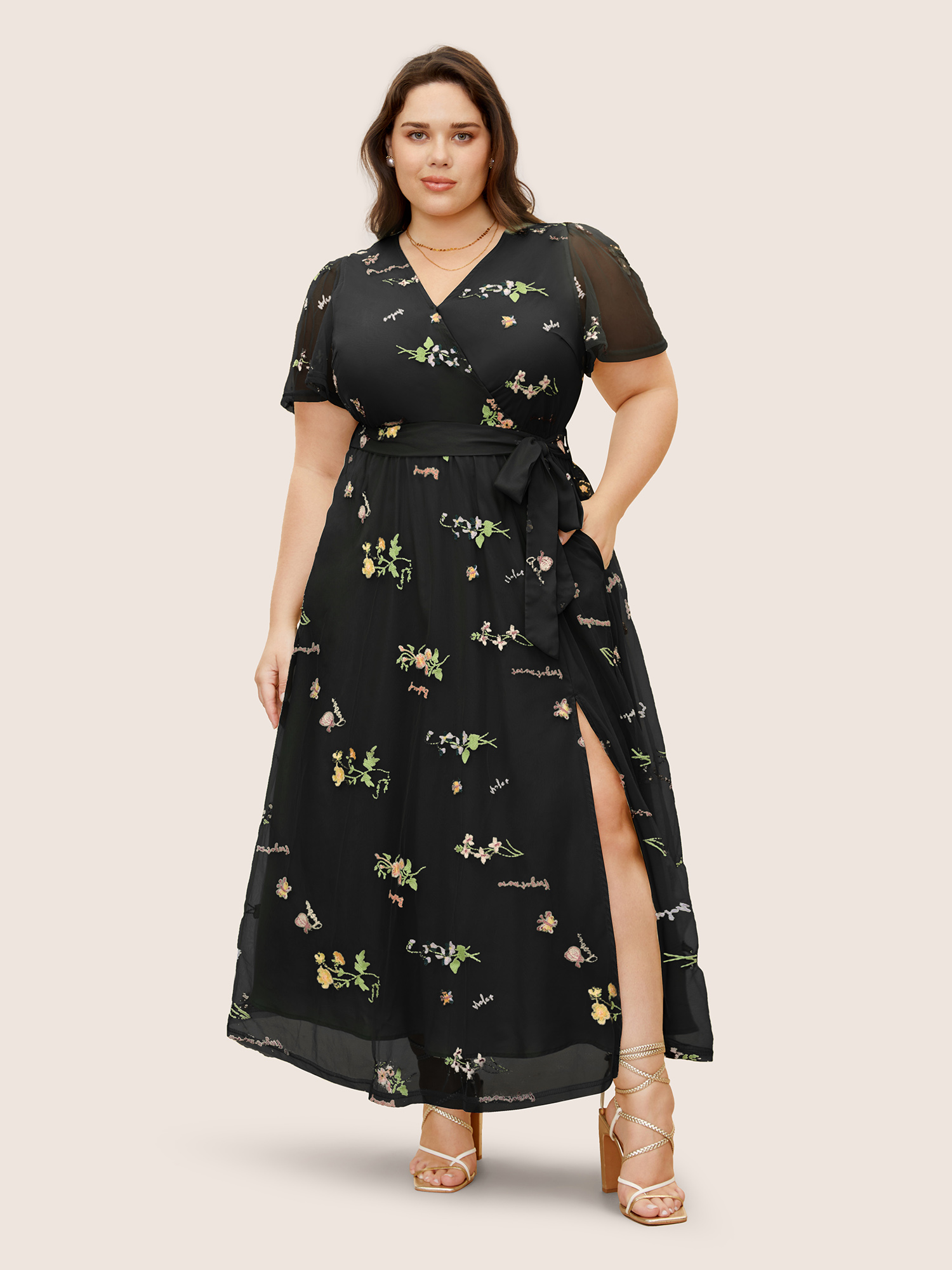 

Plus Size Overlap Collar Mesh Floral Embroidered Dress Black Women Formal Overlapping V-neck Short sleeve Curvy BloomChic