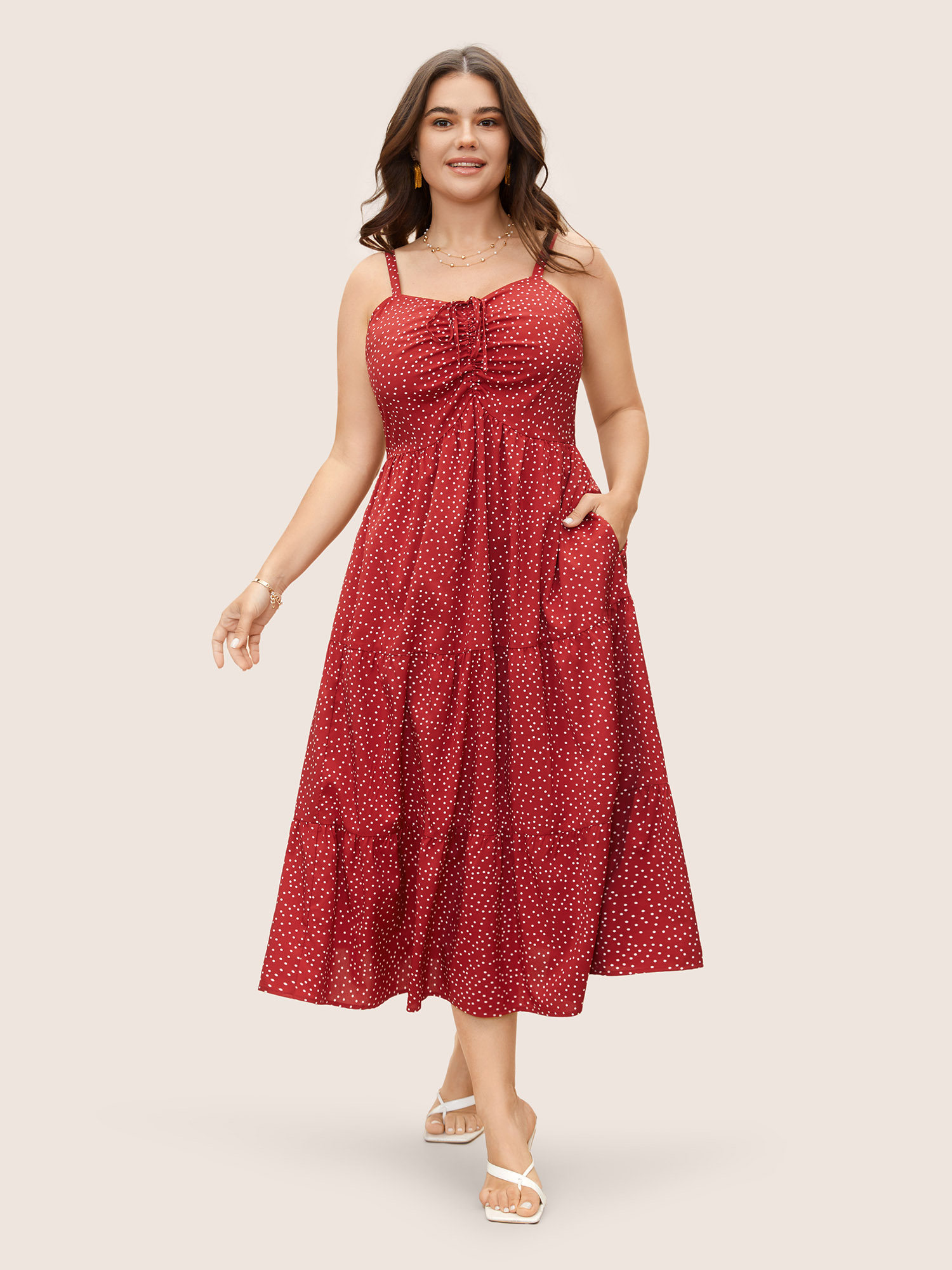 

Plus Size Polka Dot Drawstring Ruffle Layered Hem Dress Brightred Women Elegant Tie knot Non Sleeveless Curvy BloomChic