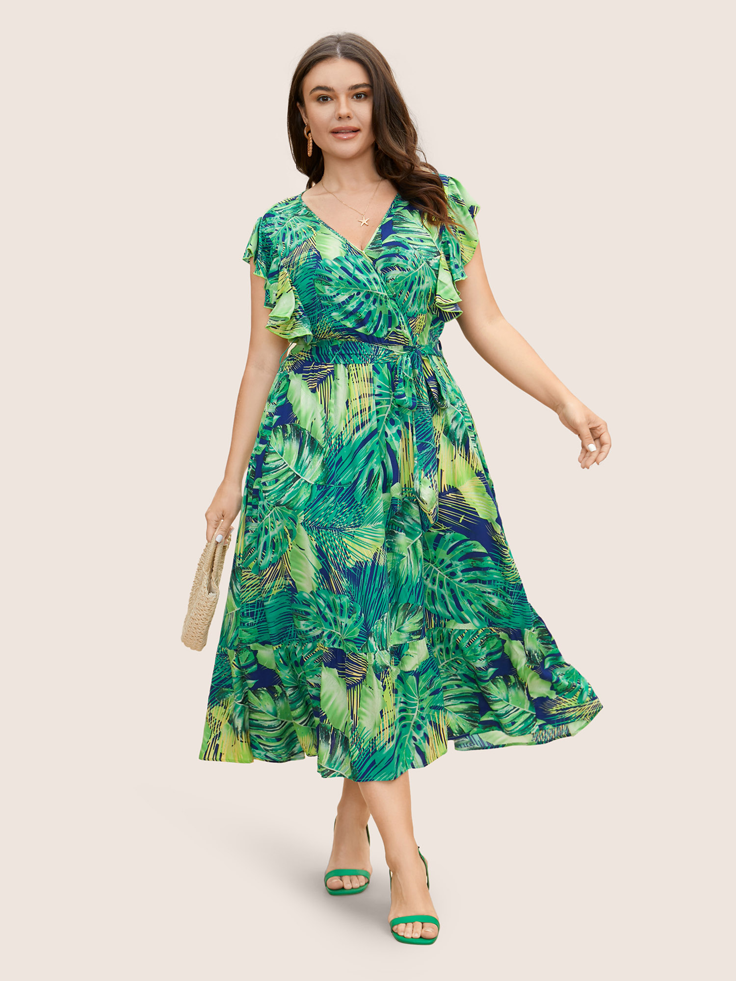 

Plus Size Tropical Print Overlap Collar Ruffle Cap Sleeve Dress DarkBlue Women Resort Belted Overlap Collar Cap Sleeve Curvy BloomChic