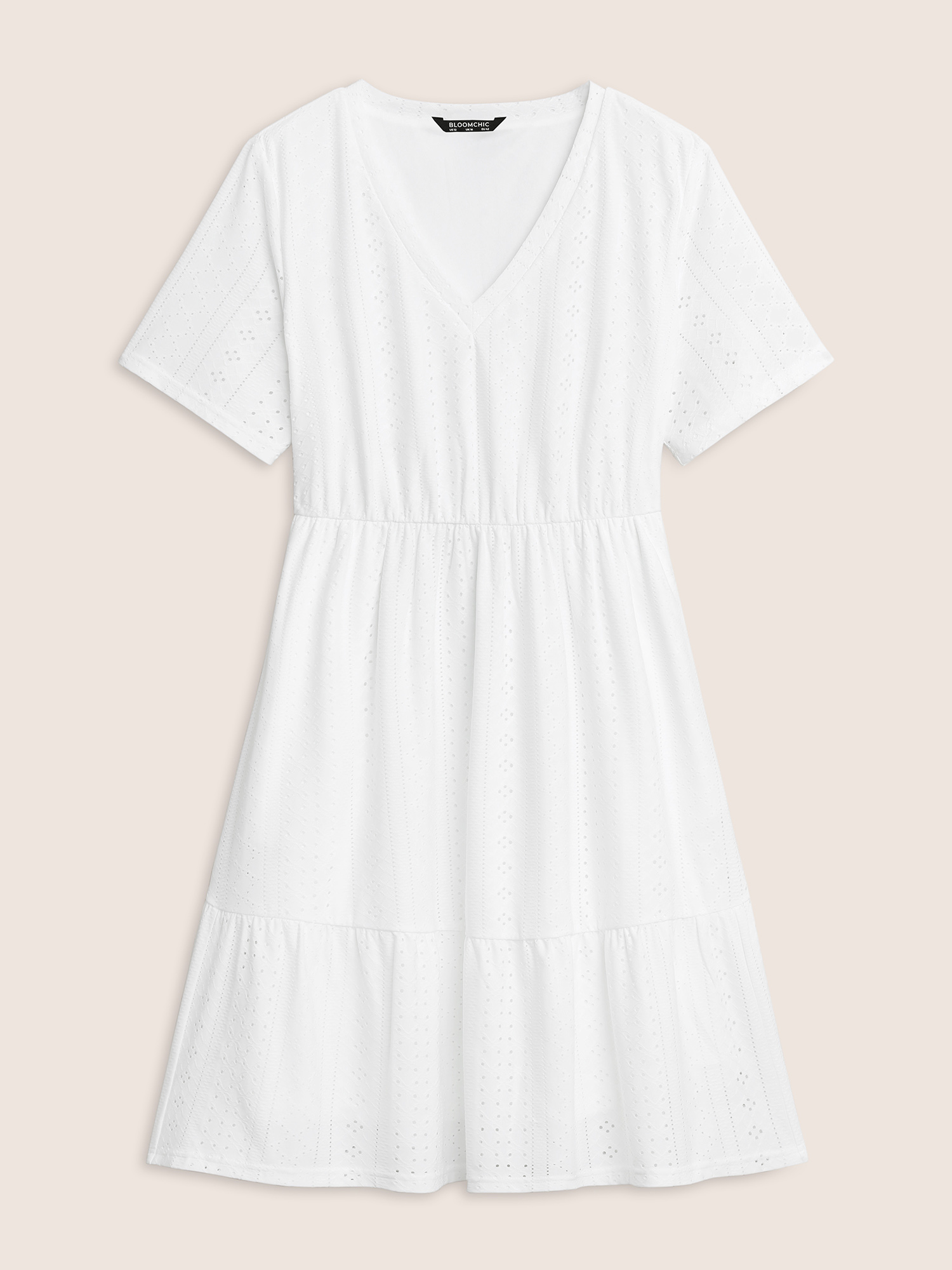 

Plus Size Plain Broderie Anglaise Elastic Waist Dress Originalwhite Women Elegant Texture V-neck Short sleeve Curvy BloomChic