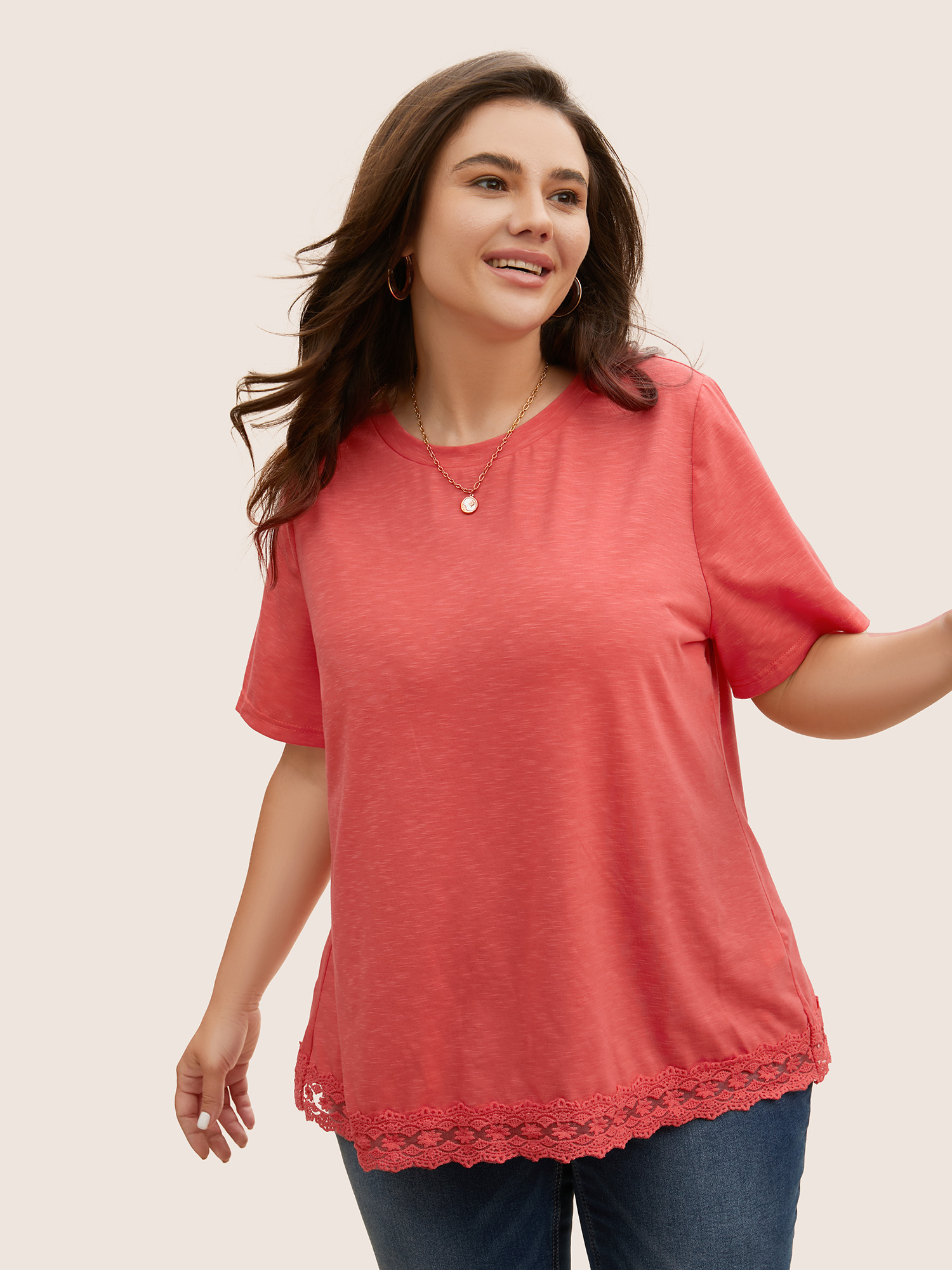

Plus Size Crew Neck Lace Patchwork Wrap T-shirt OrangeRed Women Casual Patchwork Round Neck Everyday T-shirts BloomChic