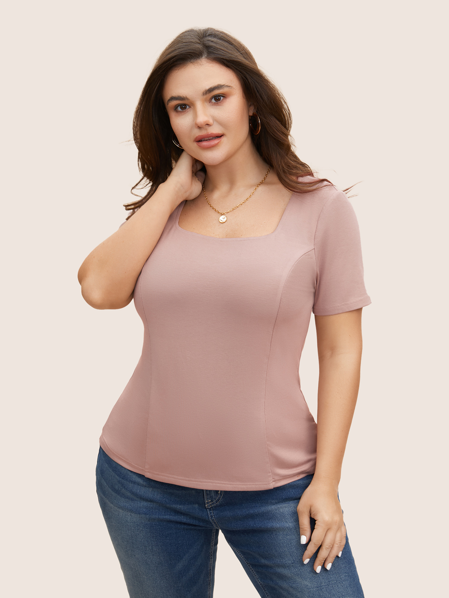 

Plus Size Square Neck Solid Rib Knit T-shirt Dirtypink Women Casual Non Square Neck Bodycon Everyday T-shirts BloomChic