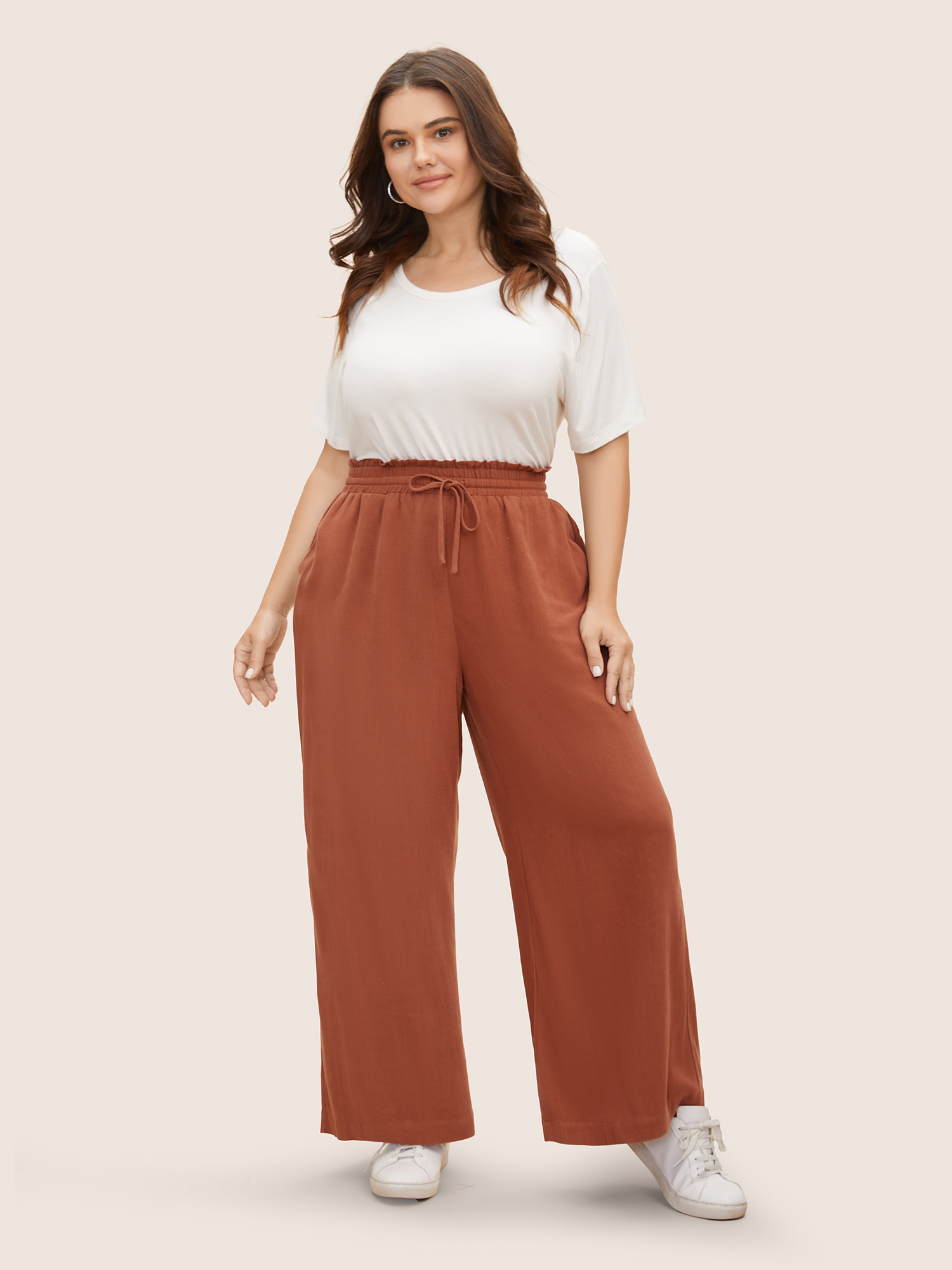 

Plus Size Cotton Linen Paperbag Waist Wide Leg Pants Women Browncoffeecolor Casual Wide Leg Mid Rise Everyday Pants BloomChic